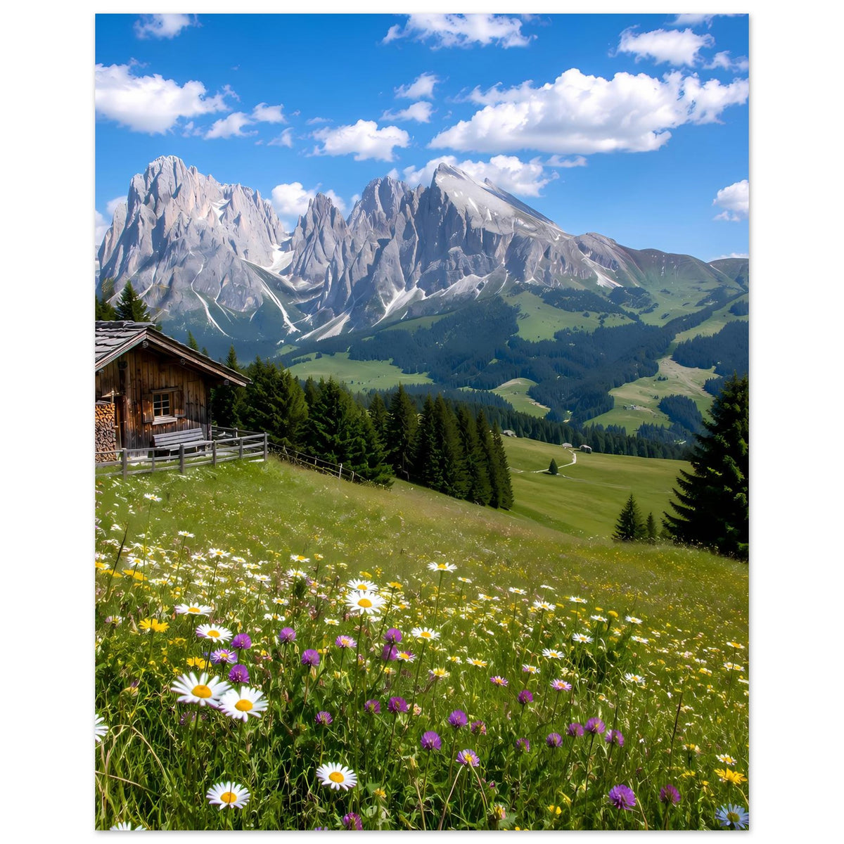 Alpenpanorama-Poster (hochkant) mit Blumenwiese, Holzhaus, Tannen und Alpenbergen