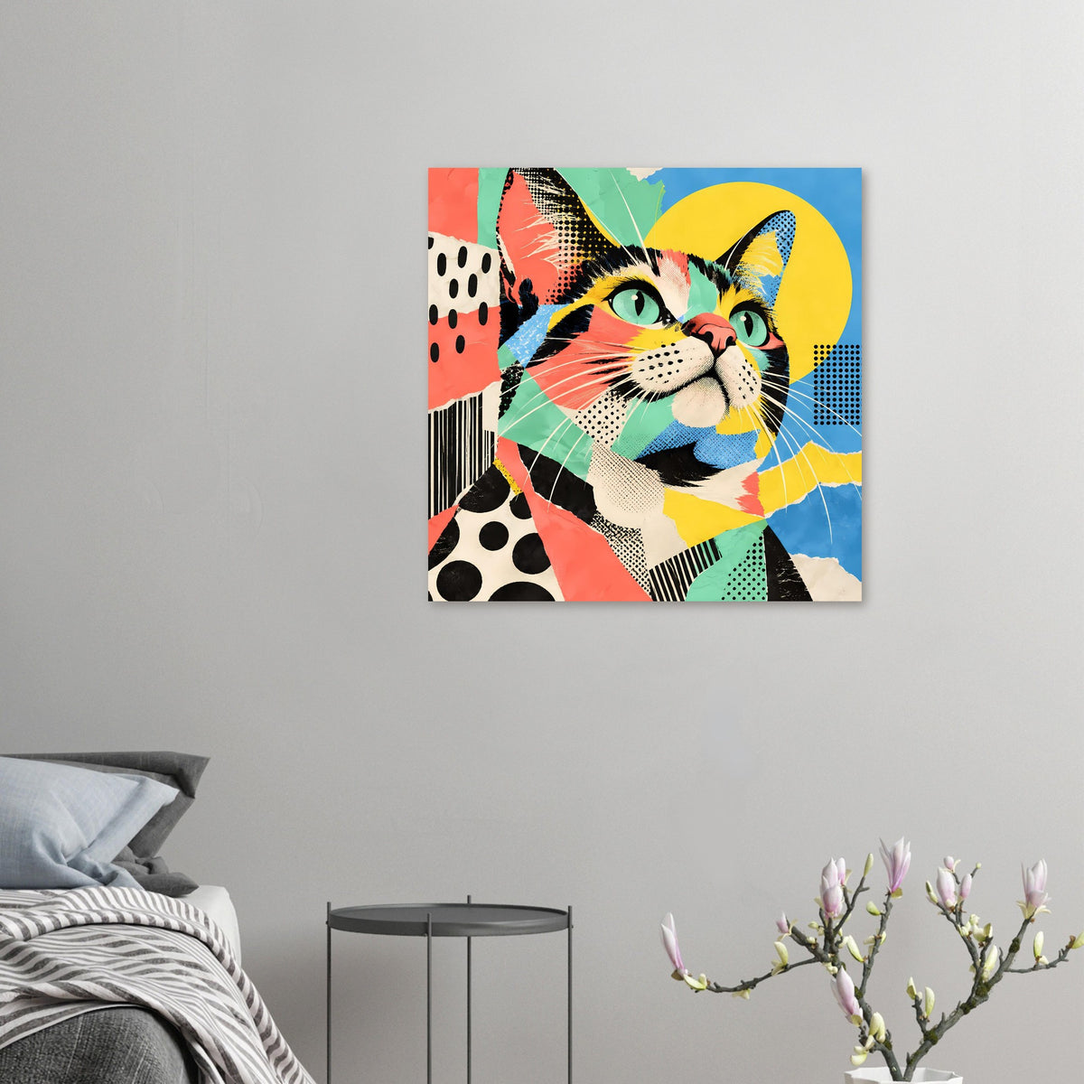 Kleines Pop-Art-Katzenposter an der Wand, buntes Gesicht mit grün leuchtenden Augen