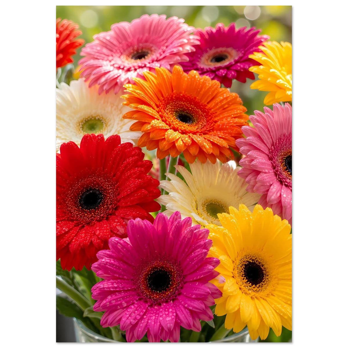 Poster mit Gerbera-Blütenstrauß, vertikaler Ausschnitt in Rot, Pink, Gelb und Weiß