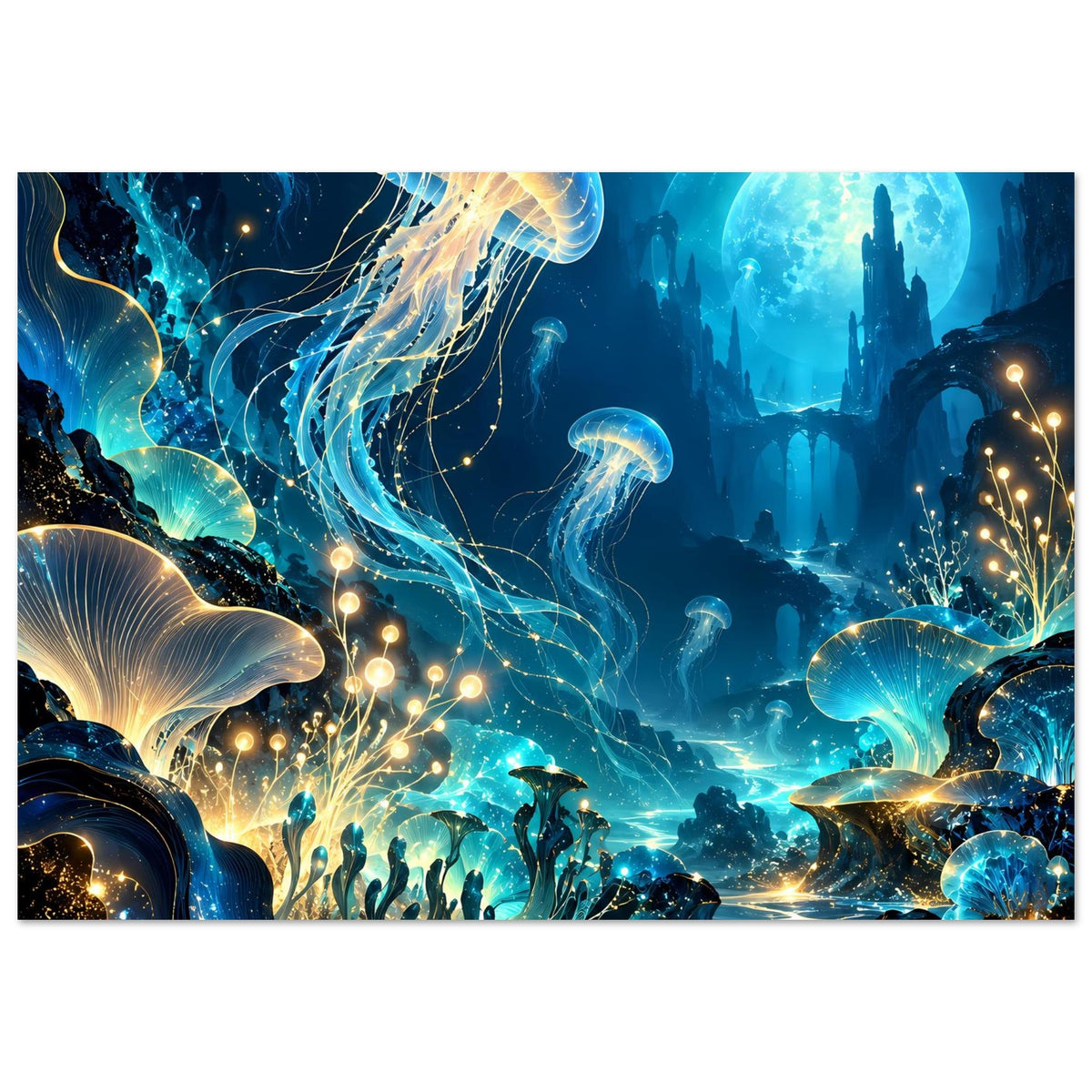 Unterwasserwelt-Poster mit funkelnden Lichtpunkten, blauen Quallen und Meereselementen