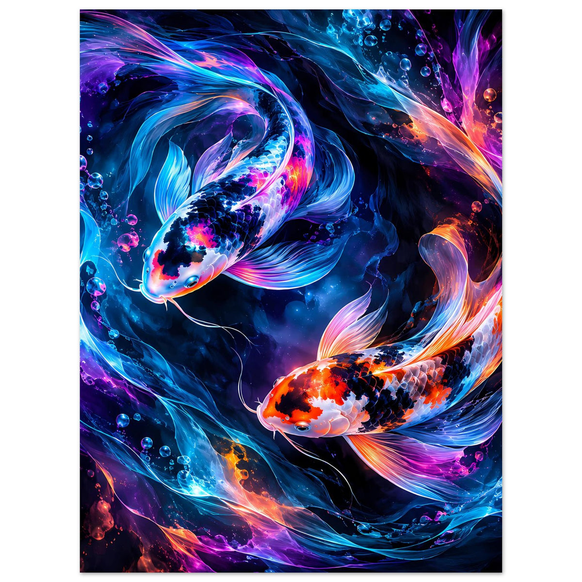 Hochformat-Poster: Koi-Fische mit violetten und blauen Lichtadern sowie orangefarbenem Körper