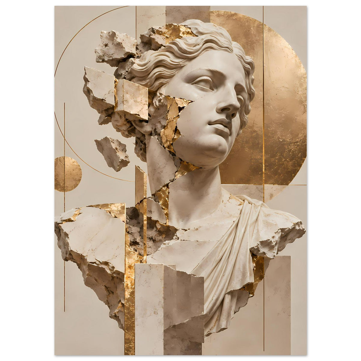 Kunstposter: Büste mit zerbrochen wirkenden Partien, beiger Hintergrund und Golddetails