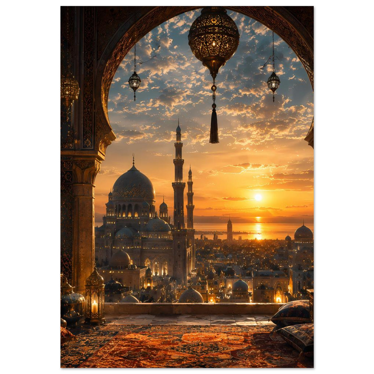 Poster mit Moscheevista bei Sonnenaufgang, goldene Minarette vor Rundbogen.