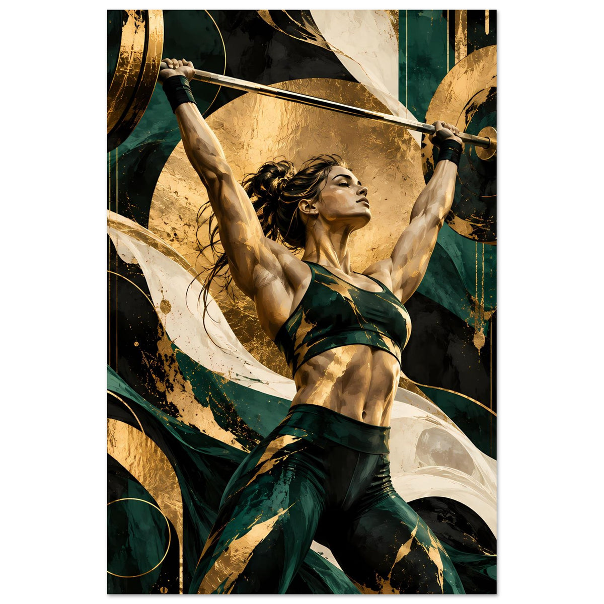 Hochkant-Poster mit Rahmen: Frau stemmt eine Hantelstange über dem Kopf in gold-grünem Stil.