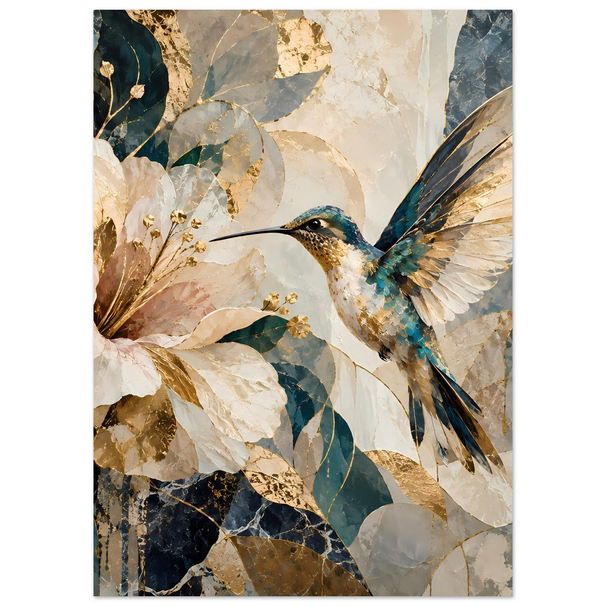 Vertikales Kunstposter mit Kolibri im Flug und Blumenmotiv, Blau- und Beigetöne