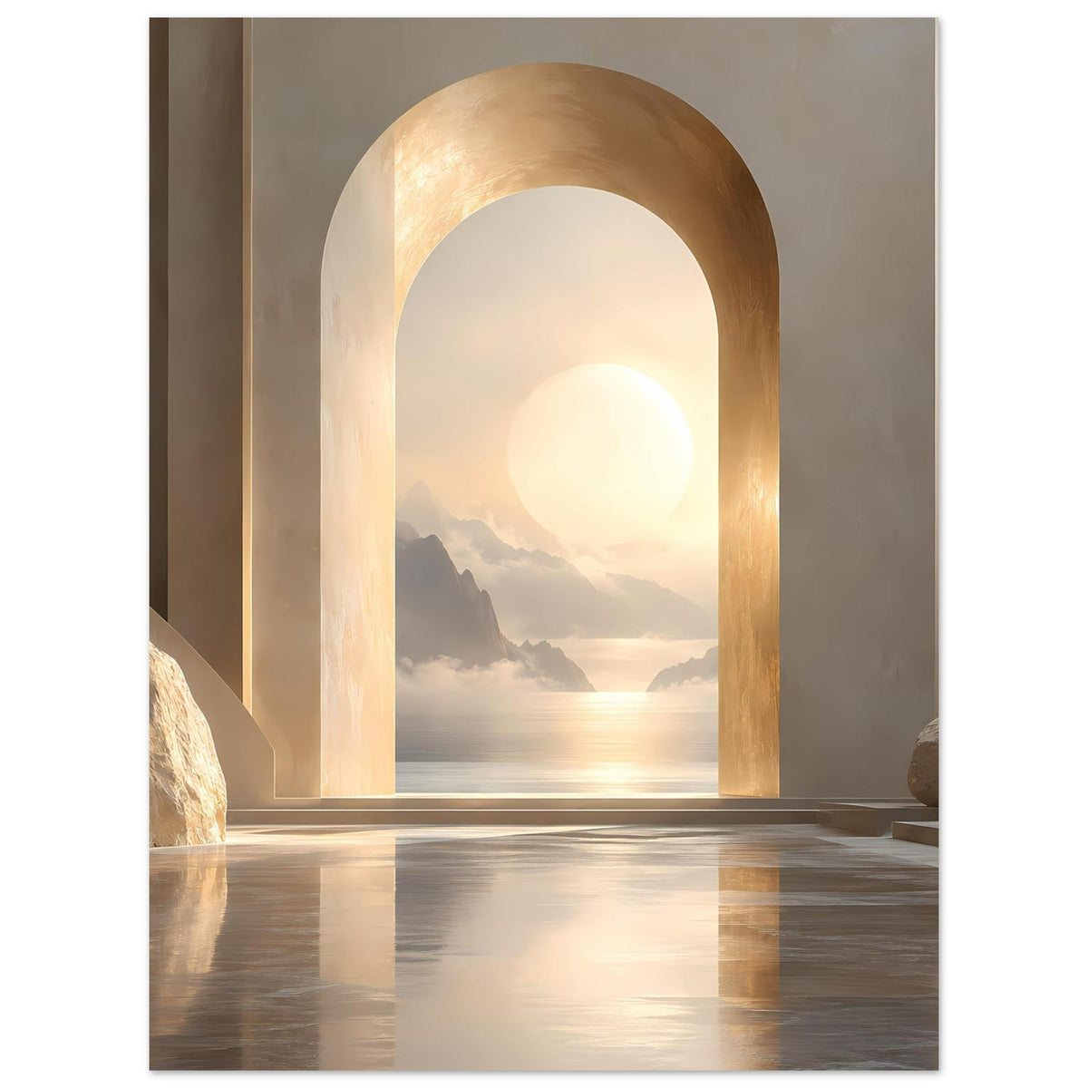 Kunstdruck mit goldenem Bogenportal, Sonnenaufgang über Wasser und Felsklippen.