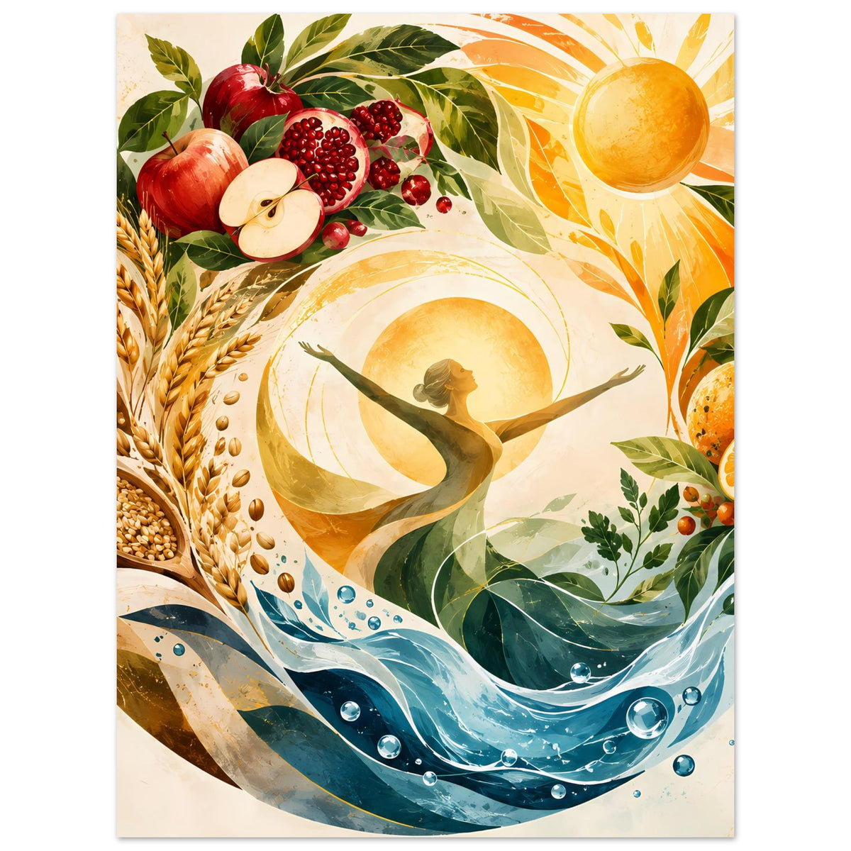 Hochformat-Poster mit Sonne, Wellen, Frauensilhouette, Ähren und Früchten in bunten Farben