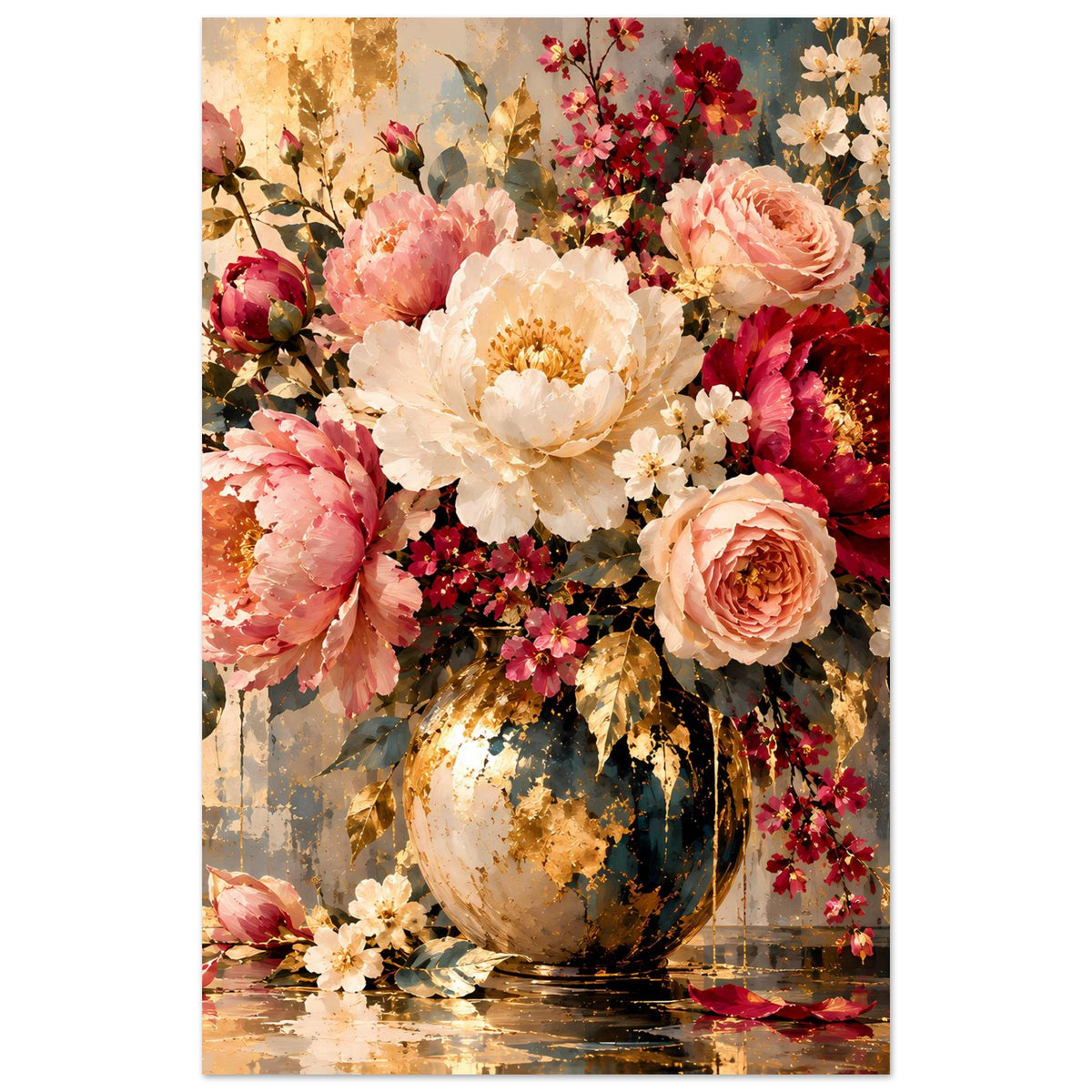 Blumenposter, vertikal: Pfingstrosen und Rosen in einer Vase, mit roten und cremefarbenen Akzenten.