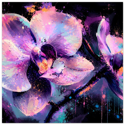 Neon-Orchideenposter, violett und pink, abstrakte Blüten und Spritzfarben