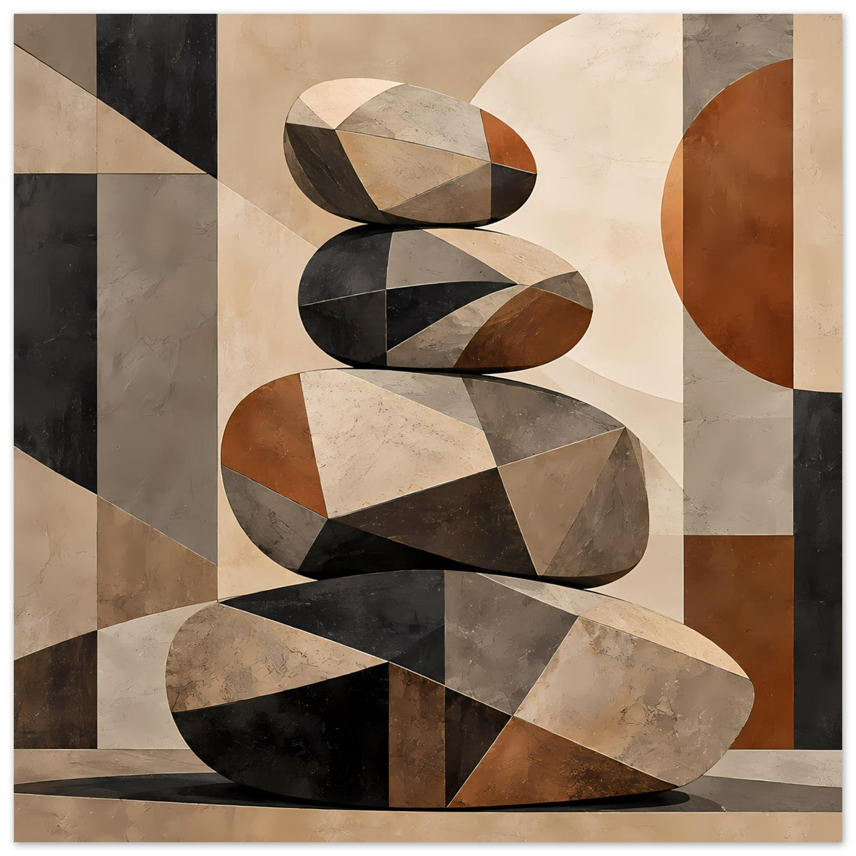 Abstraktes Poster mit geometrischem Steinstapel in Schwarz, Beige und warmem Braun