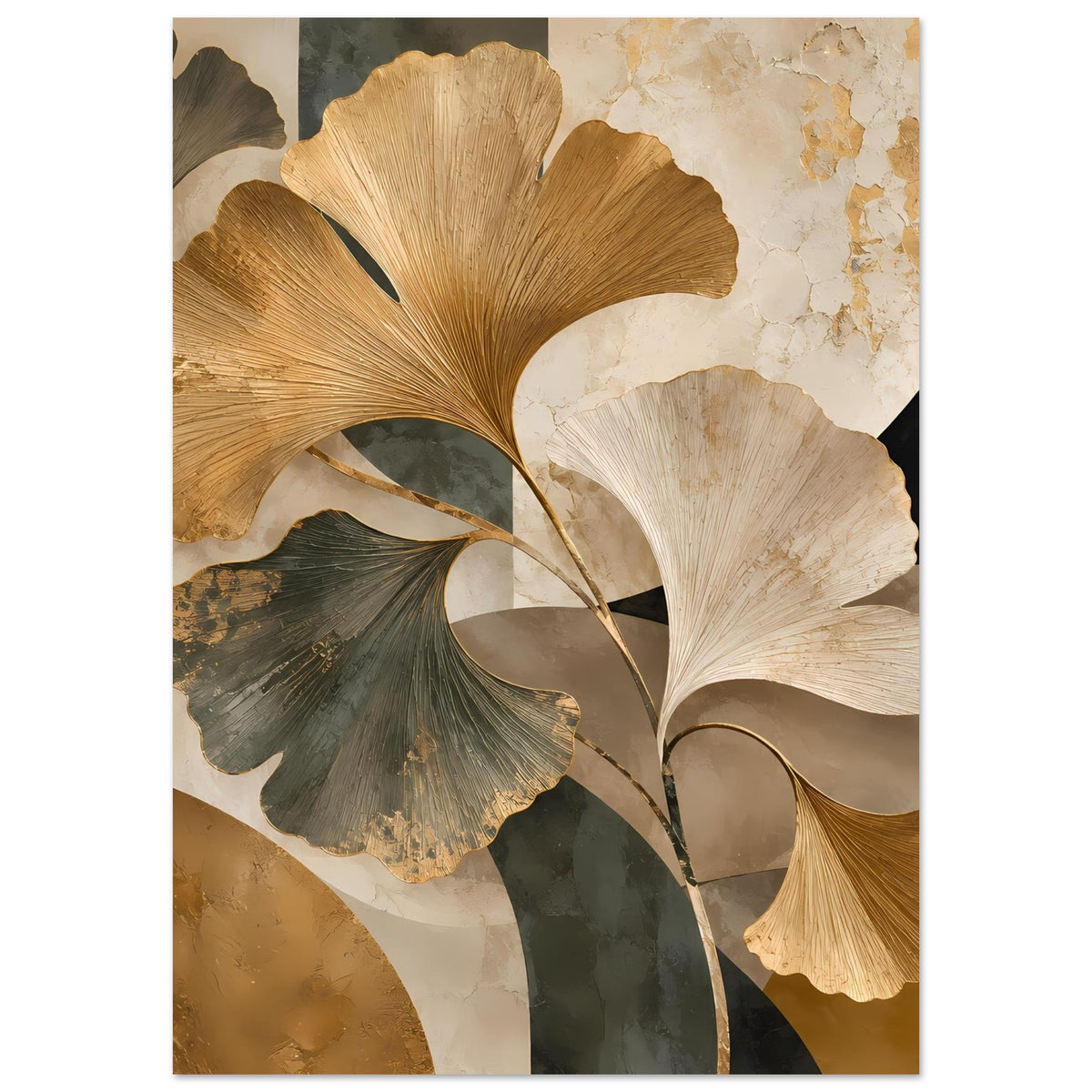 Botanisches Poster mit Ginkgo-Blättern in warmen Erdtönen, gold und dunkelgrün