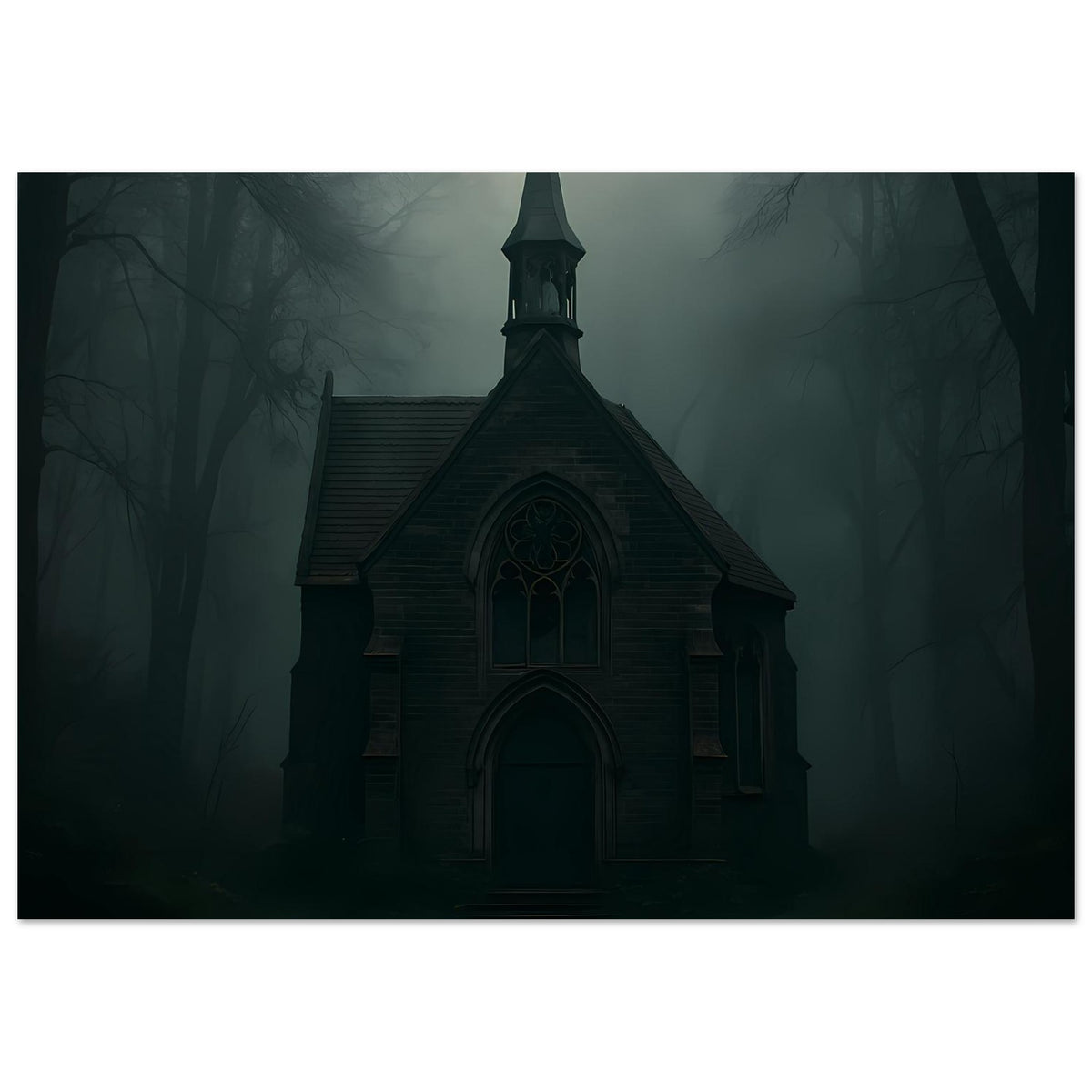 Querformat-Poster: dunkle Kapelle mit Turmkreuz und Eingang, Vorderansicht im Bild