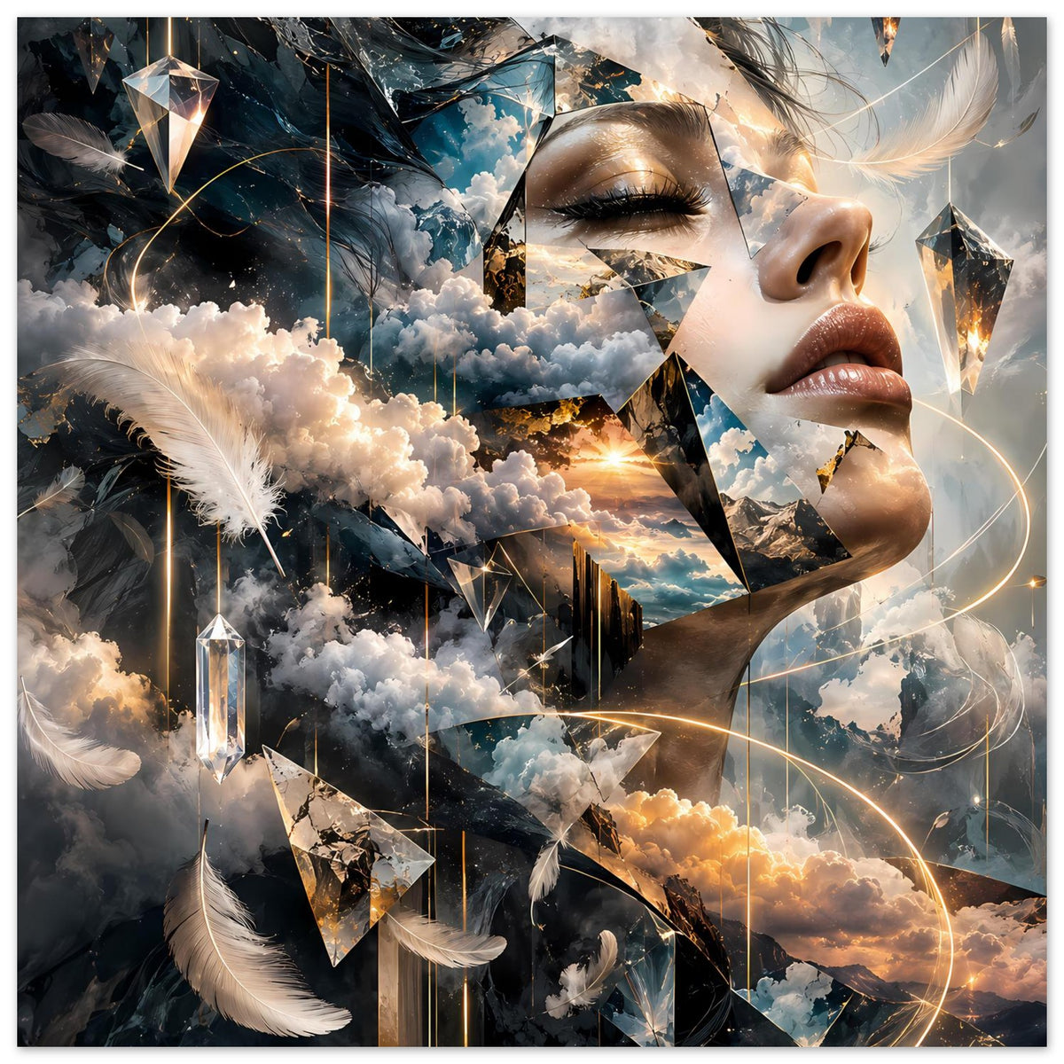 Horizontal ausgerichtetes Poster mit Frauenprofil, Wolken, Federn und glühenden Lichtlinien