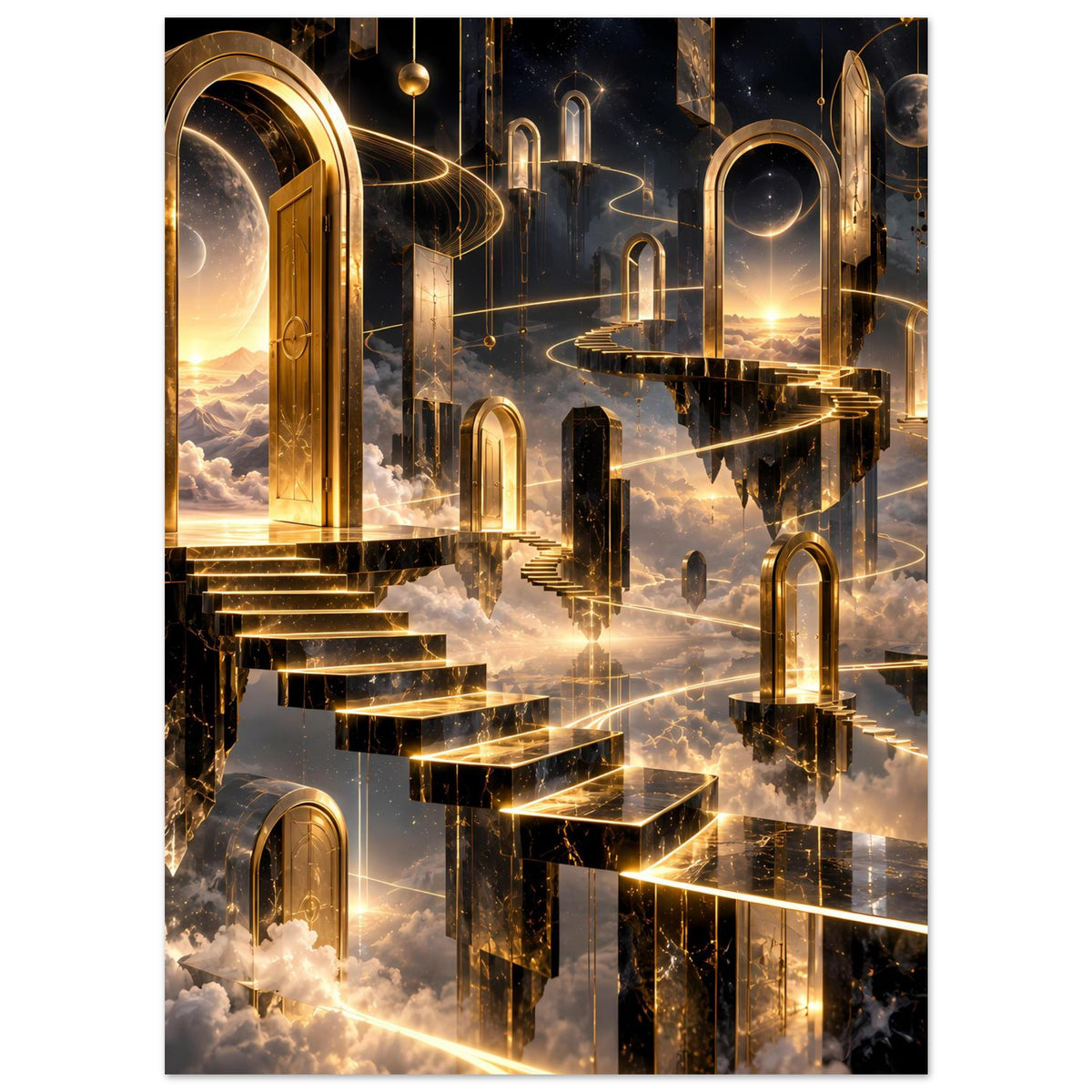 Luxuriöses Poster: goldene Portale und geschwungene Formen vor dunklem Himmelsraum