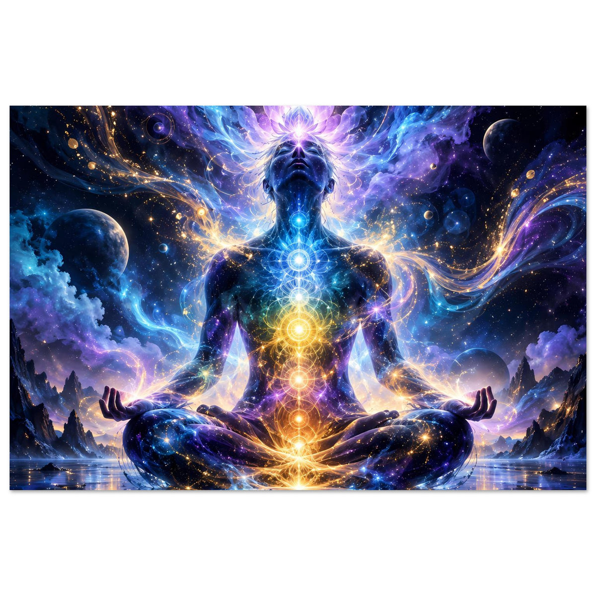 Poster mit meditierender Chakra-Figur im Lotussitz, orange-goldene Lichtreihe von unten