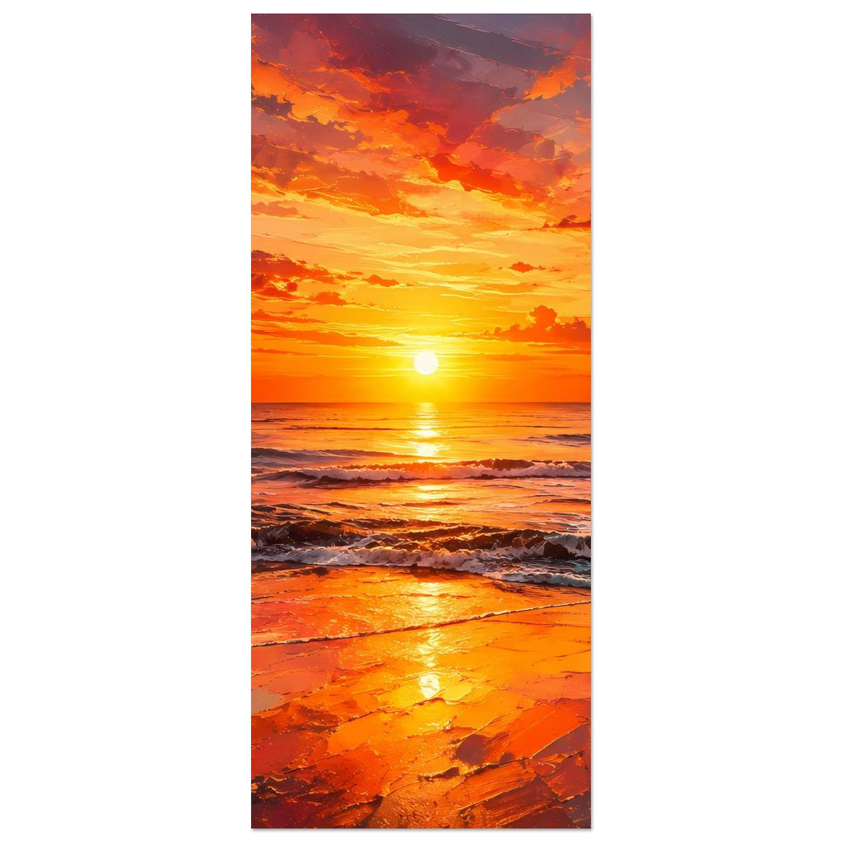 Schmales Poster im Hochformat mit Sonnenuntergang, Meer und Wellen in Orange