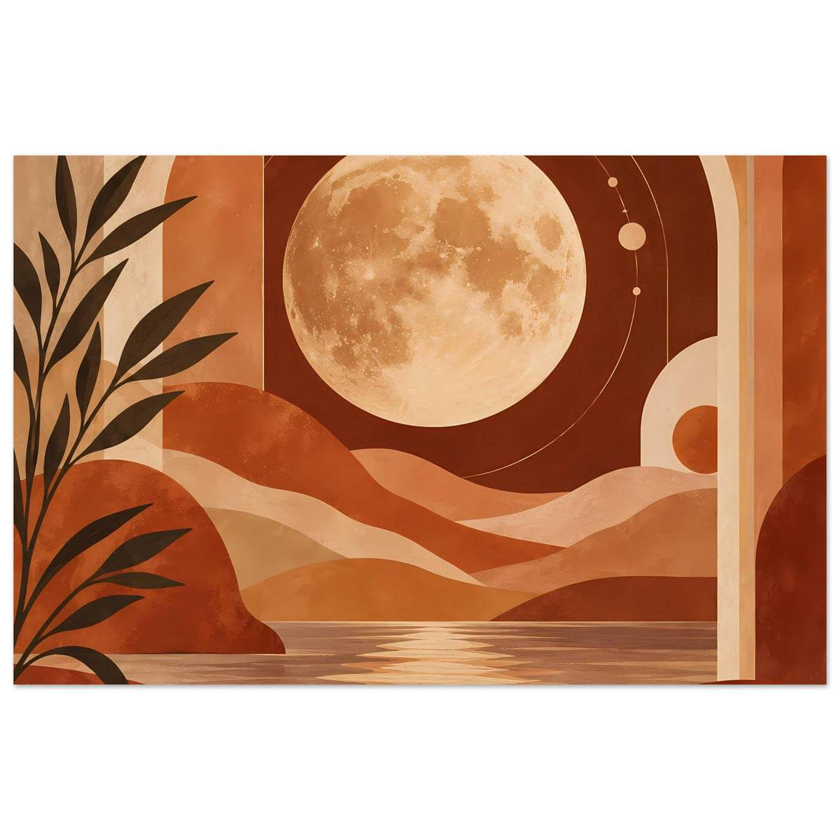 Boho-Poster mit Vollmond, Wüstenlandschaft, Dünenlinien und Palme in Terrakottatönen
