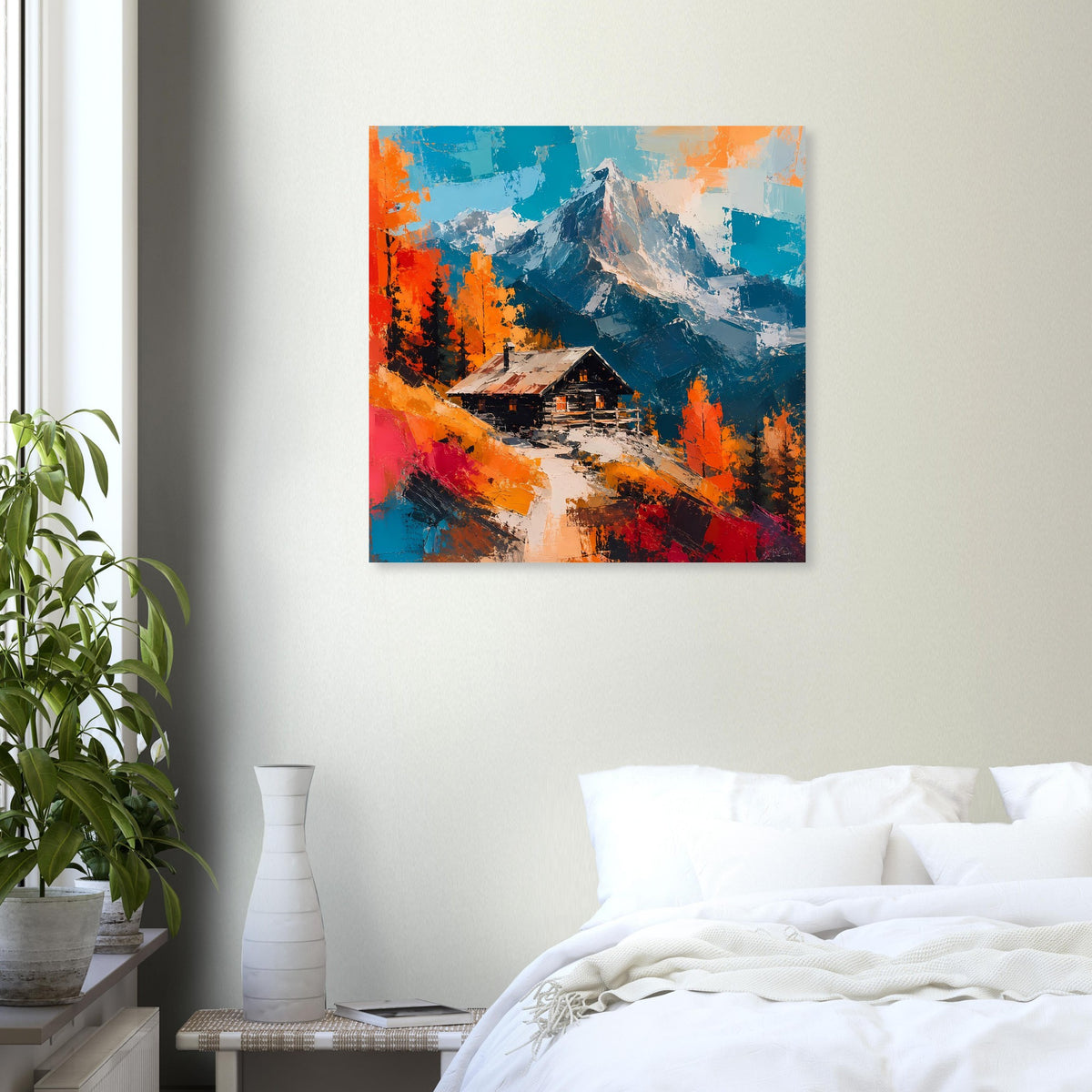 Quadratisches Wandposter mit Bergmassiv, Hütte und Herbstbäumen in strahlenden Farben.