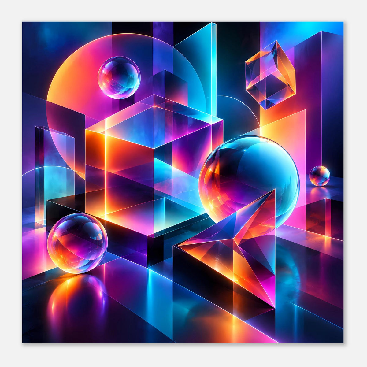 Neon-Geometrieposter mit Würfel- und Dreiecksformen, Glaskugeln und Neonverlauf