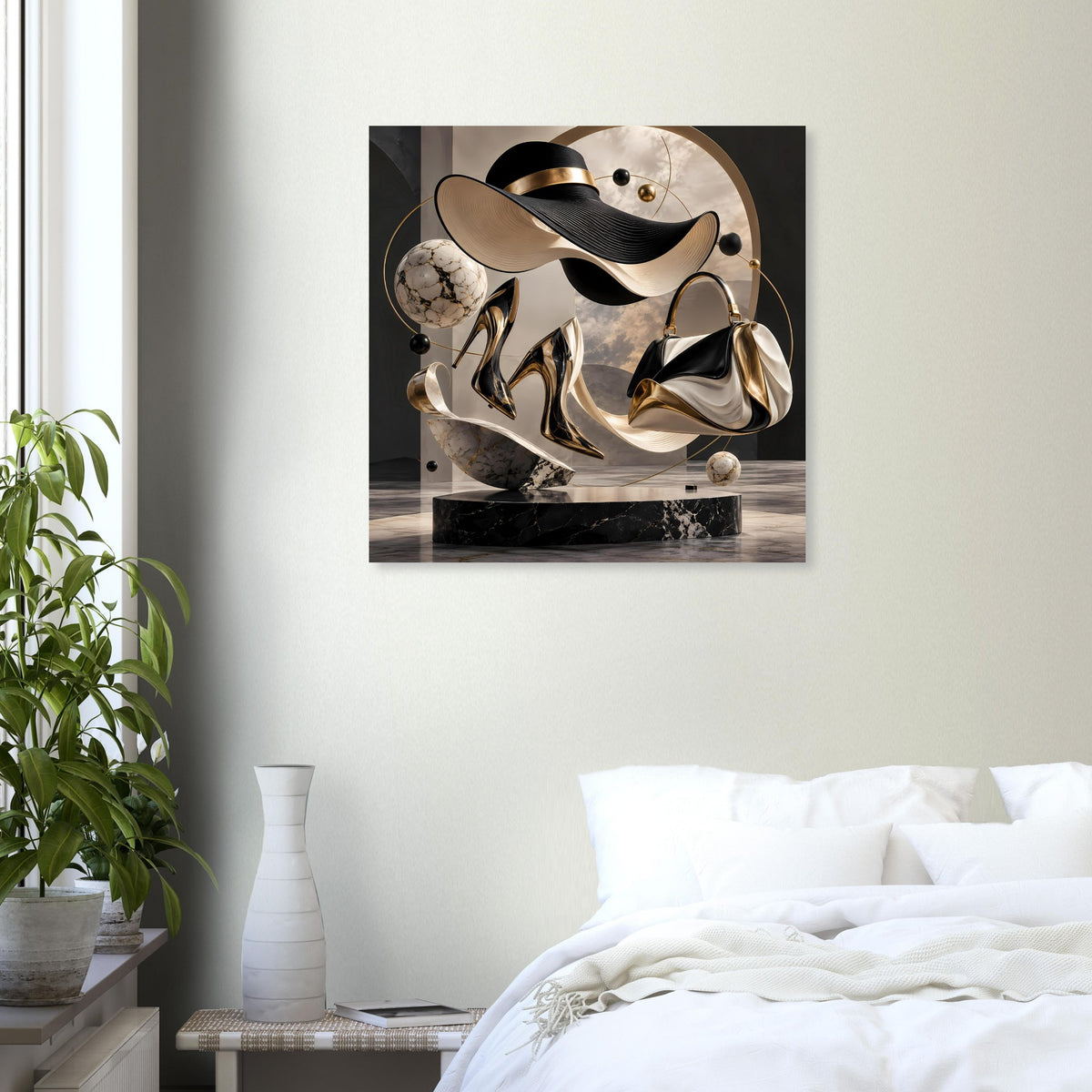 Quadratisches gerahmtes Poster mit Hutfigur, schwarzen Flächen und Goldakzenten