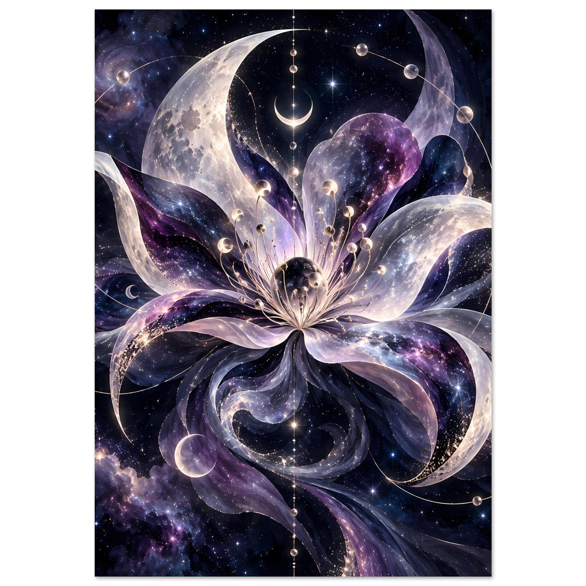 Kosmische Blüte mit Monden, Planeten und Sternen in violett-blauem Weltraum – Motivansicht 13