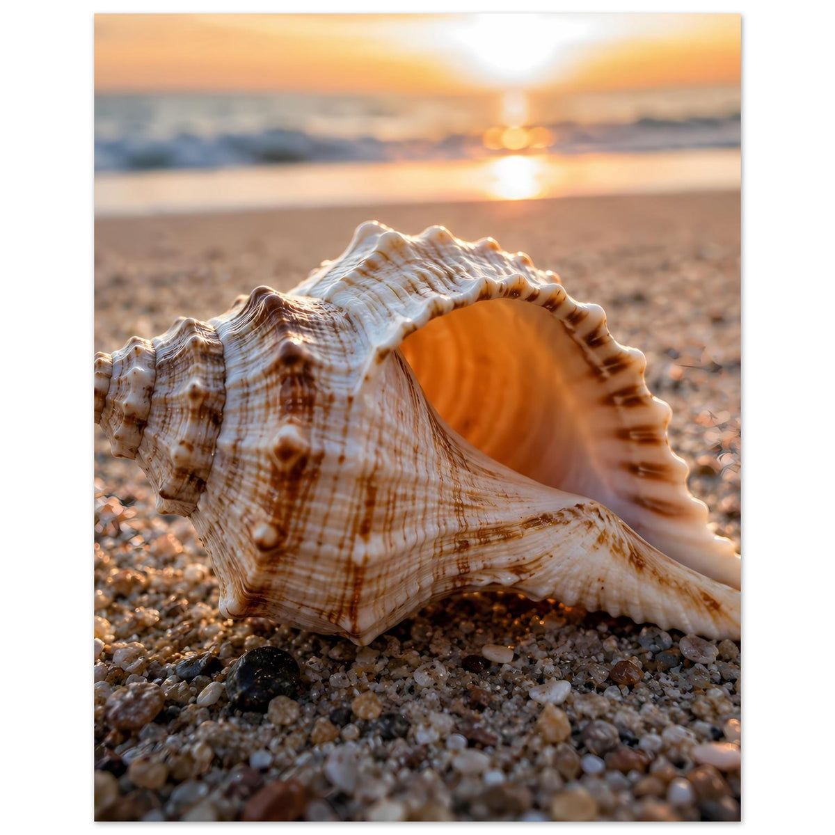 Strandposter mit Muschel auf Kies, warmes orangefarbenes Sonnenlicht im Hintergrund