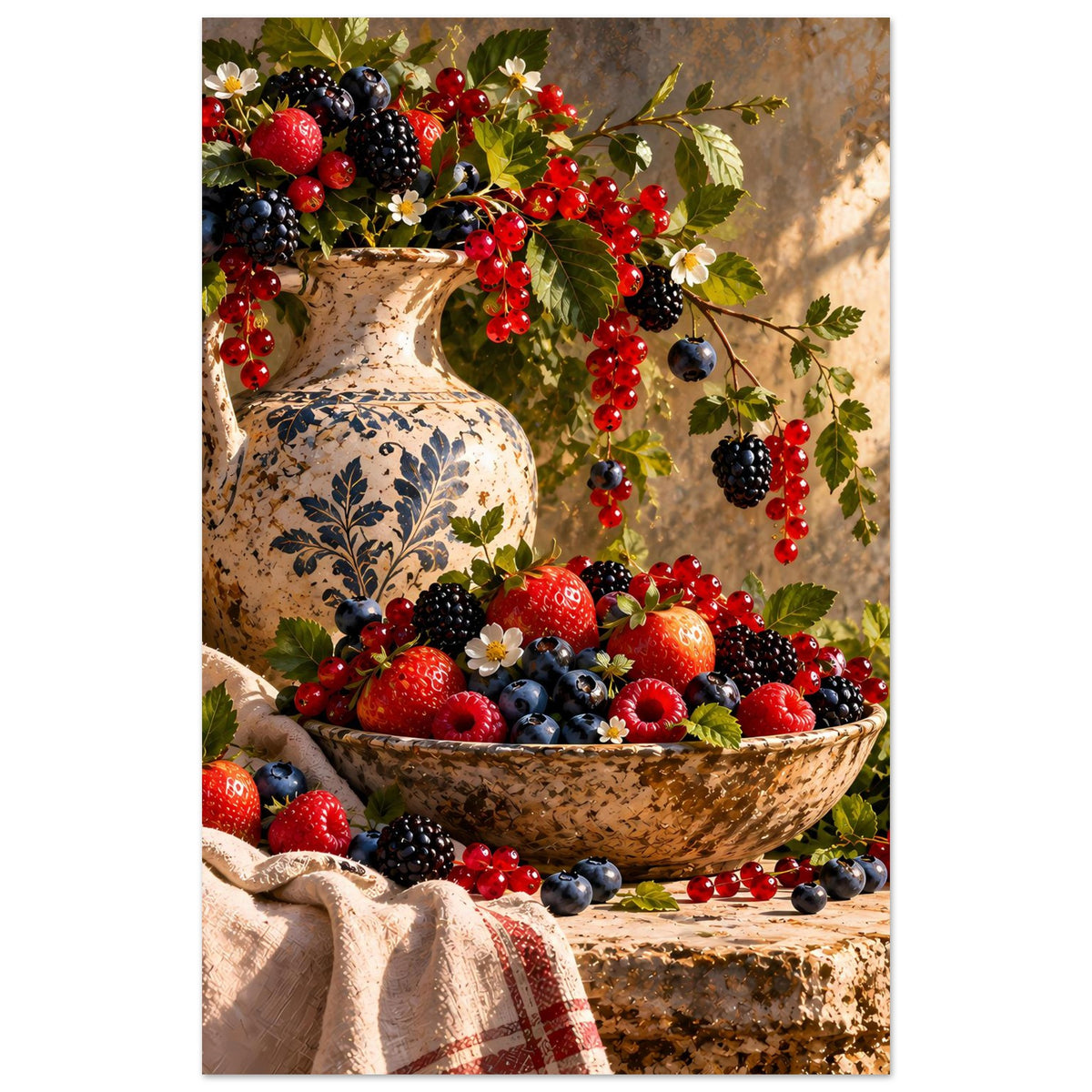 Beeren-Stillleben-Poster: große Vase mit Beeren, Blumen und rankenden Zweigen im Querformat
