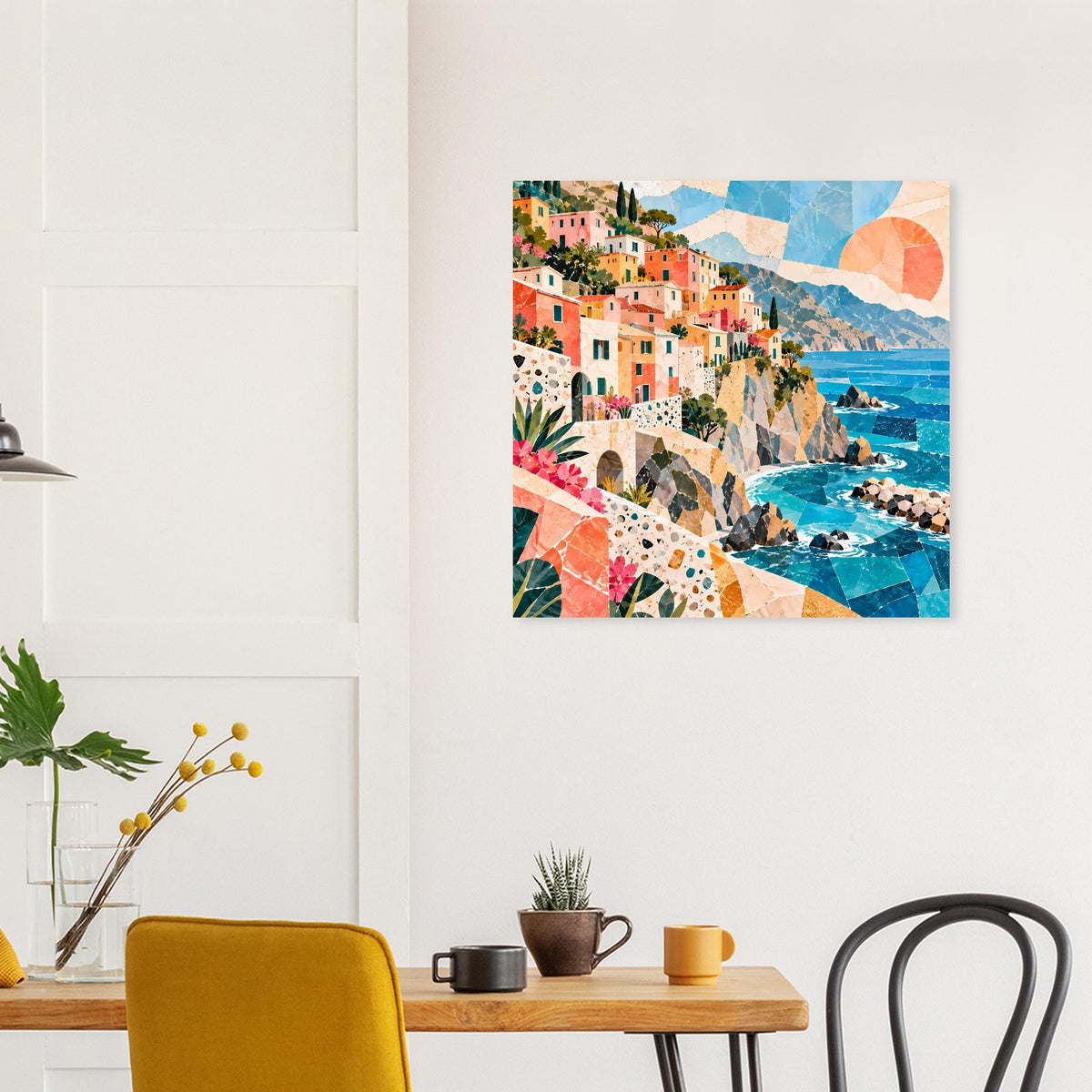 Wandposter mit Küstendorf: bunte Häuser, blaues Meer und Küstenfelsen