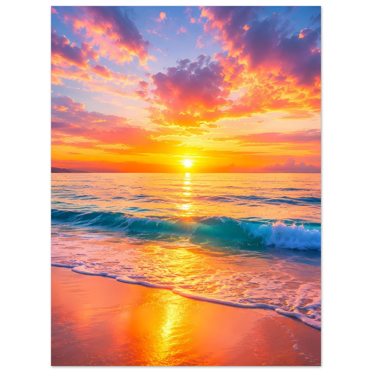 Sonnenuntergangsstrand-Poster, vertikal: Sonne am Horizont, Spiegelung im Wasser, Uferwellen, Rand.