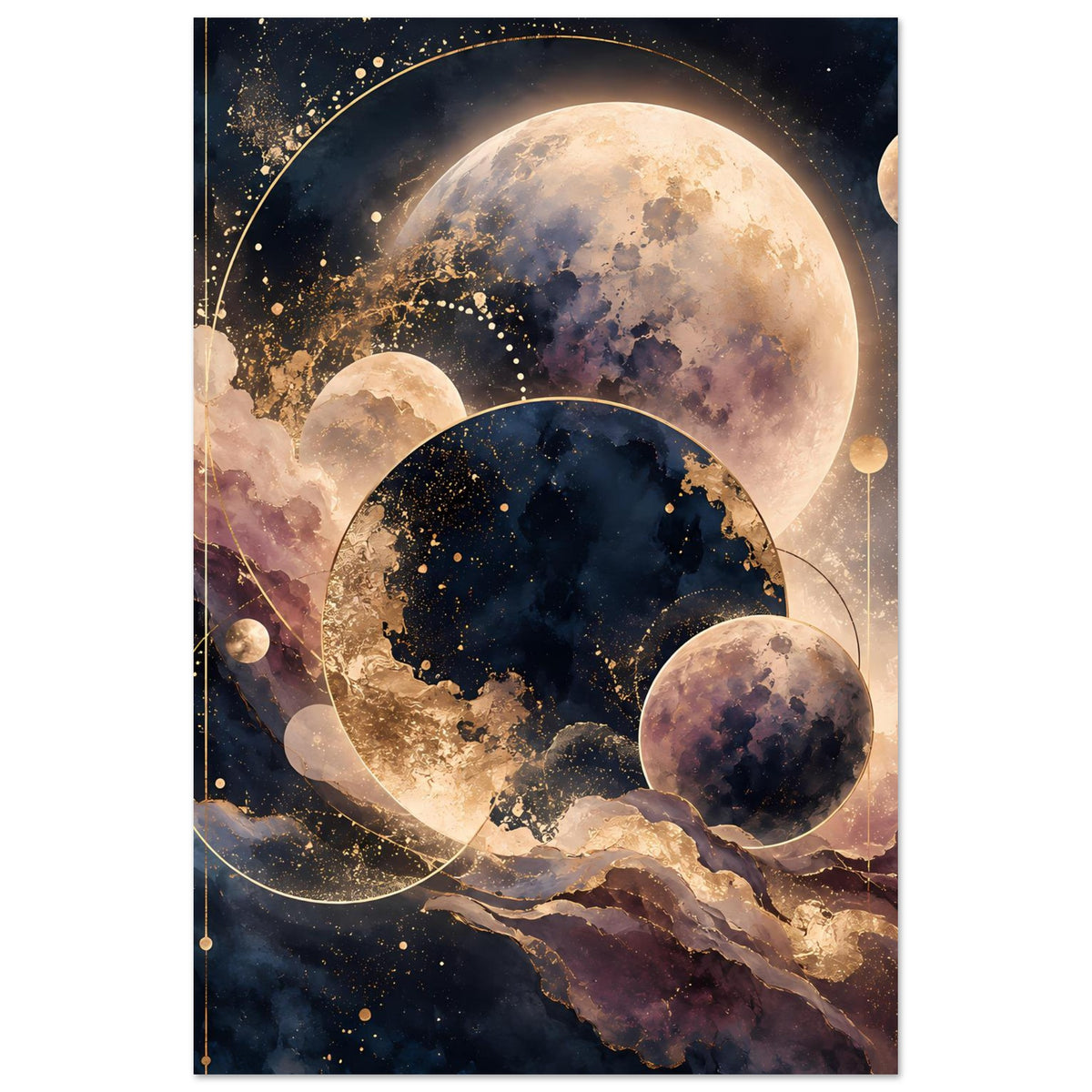Planetenposter mit großen Monden, dunkelblauer Galaxie und goldenen Sternen