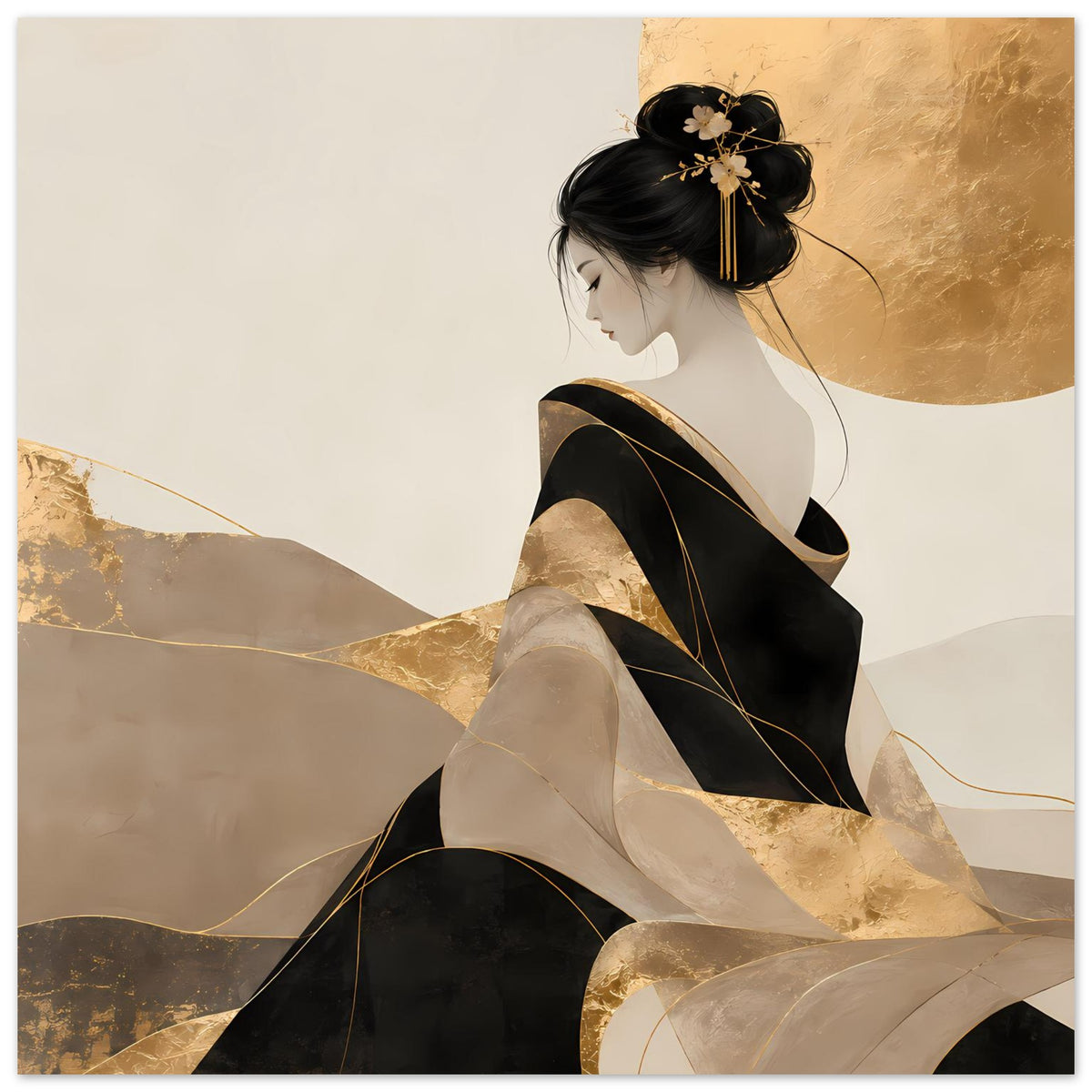 Kunstposter mit Frauensilhouette, schwarzer Stoff, goldene Akzente und große abstrakte Farbflächen