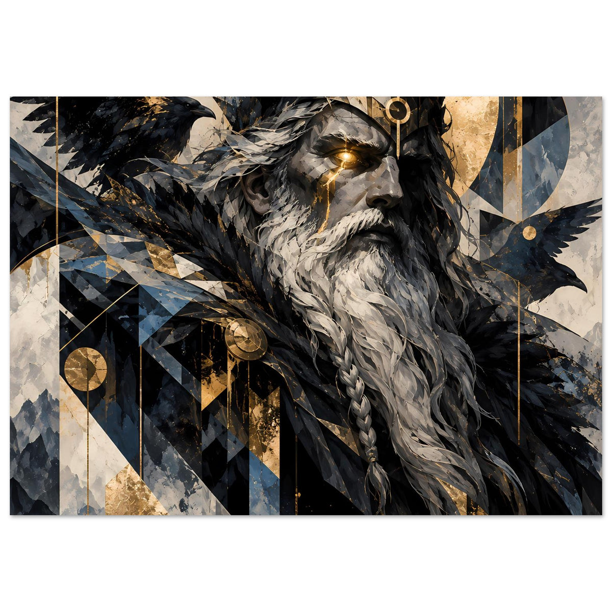 Poster nordische Gottheit: breite Darstellung mit Rabenmotiv, langer Bart, goldene Details