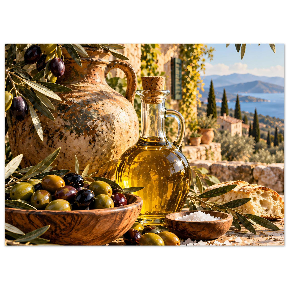 Olivenöl-Ernteposter: Ölflasche, Tongefäß, Schalen mit Oliven, Brot und Olivenzweige