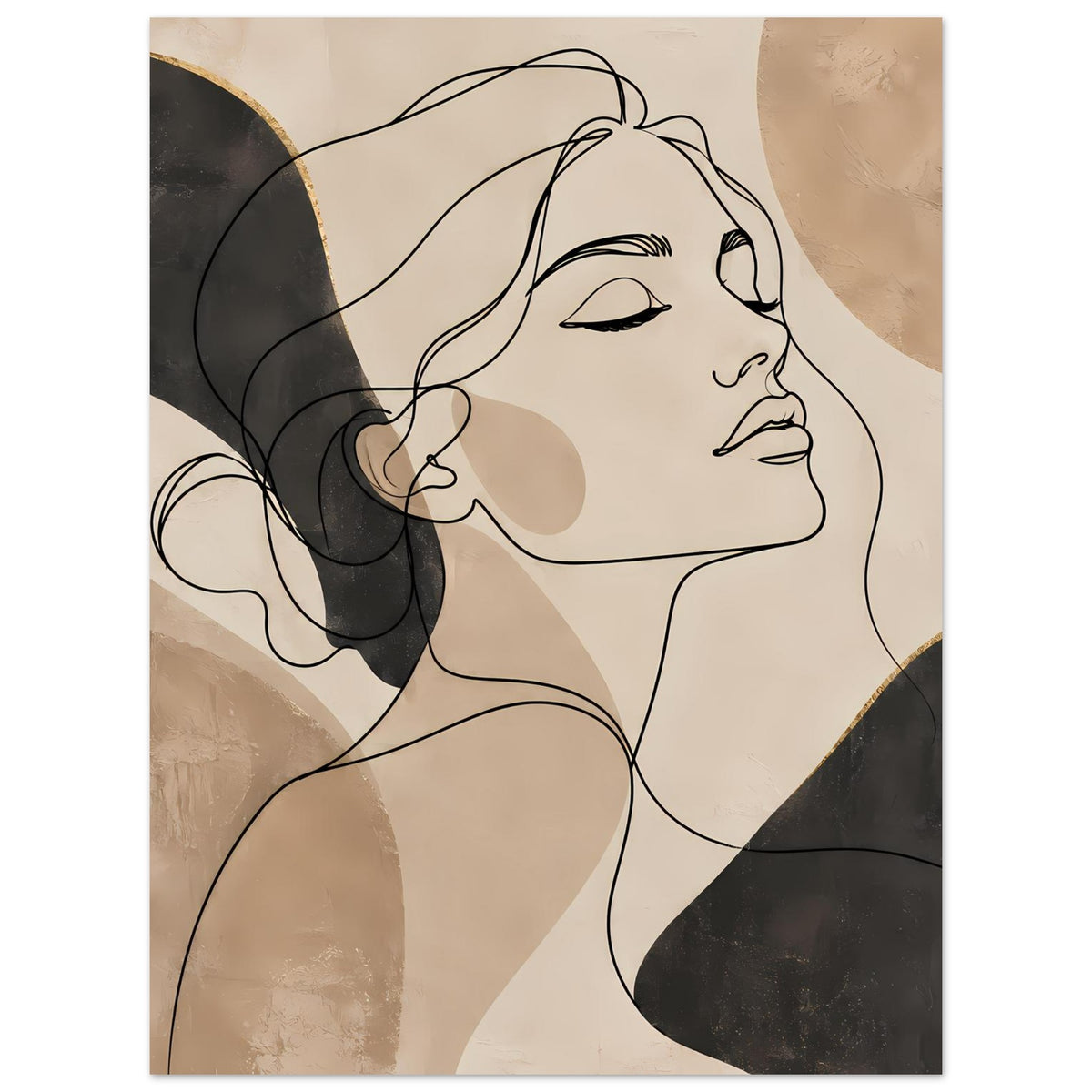 Kunstposter mit Linienporträt einer Frau, beige Grundflächen, schwarze Linien und dunkle Formen