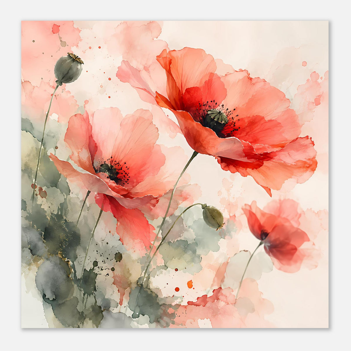 Aquarell-Poster: Korallrosa Mohnblumen, schwarze Staubpartikel in der Mitte und grüne Knospen
