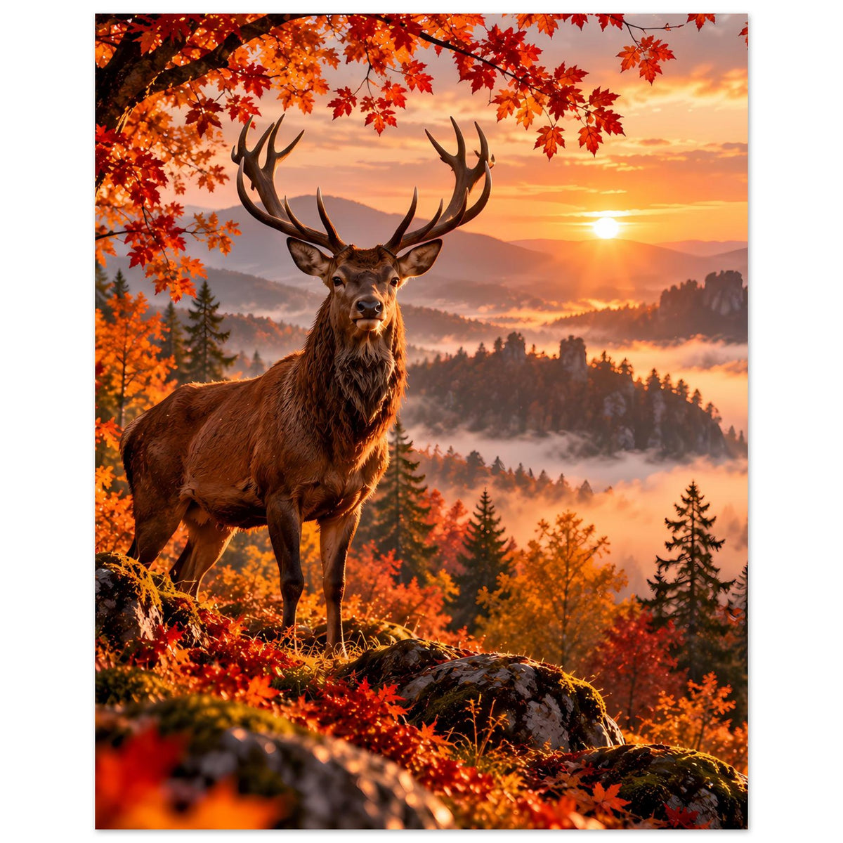 Hirsch-Poster: Geweihhirsch im Herbstwald mit orangefarbenen Blättern, Sonnenuntergang, vertikal