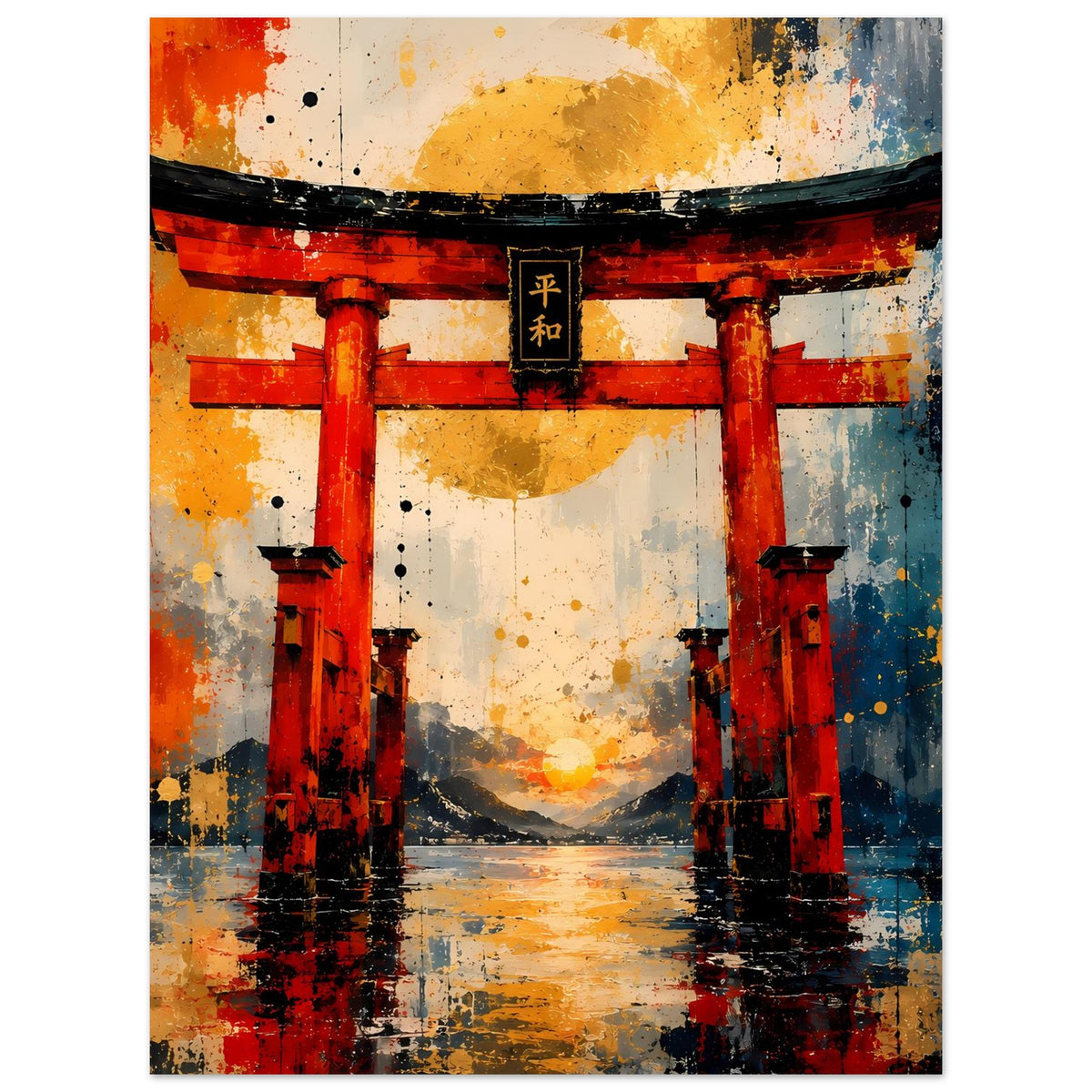 Poster mit Torii-Tor, rote Säulen, schwarzer Bogenbalken, gelb-oranger Lichtreflex am Boden