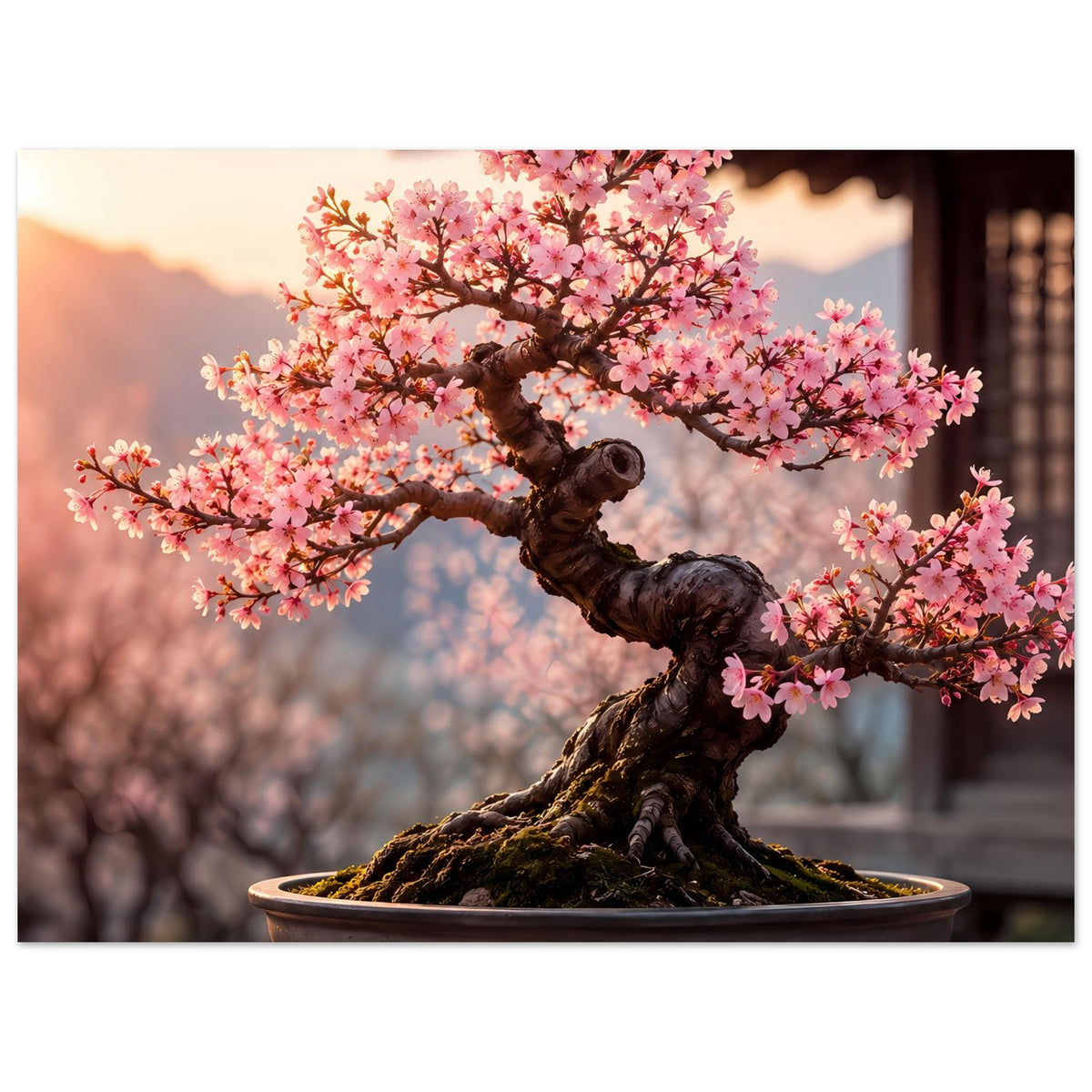 Bonsai-Blütenposter mit rosa Blüten und dunkler Bonsaischale im unteren Bildbereich