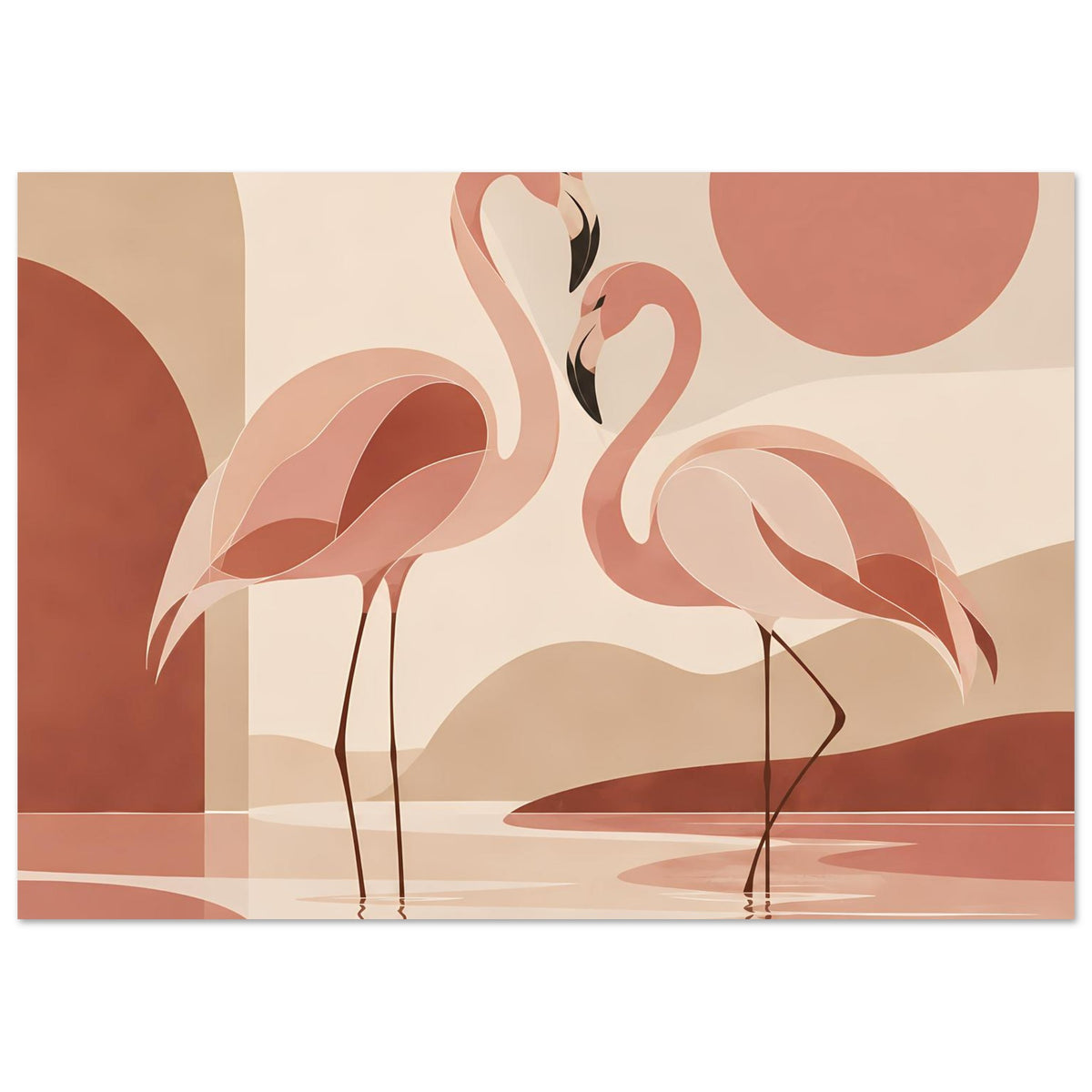 Horizontales Naturposter: zwei Flamingos, Pastellrosa und -beige, abstrakte Formen, Wasserlinie