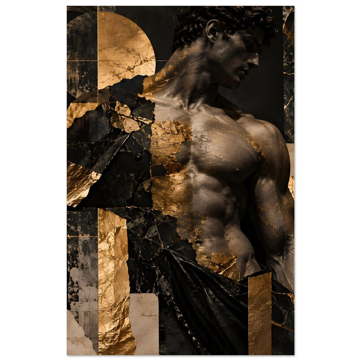 Kunstposter, mittige Ansicht der antiken Statue mit goldenen Partien in Schwarz