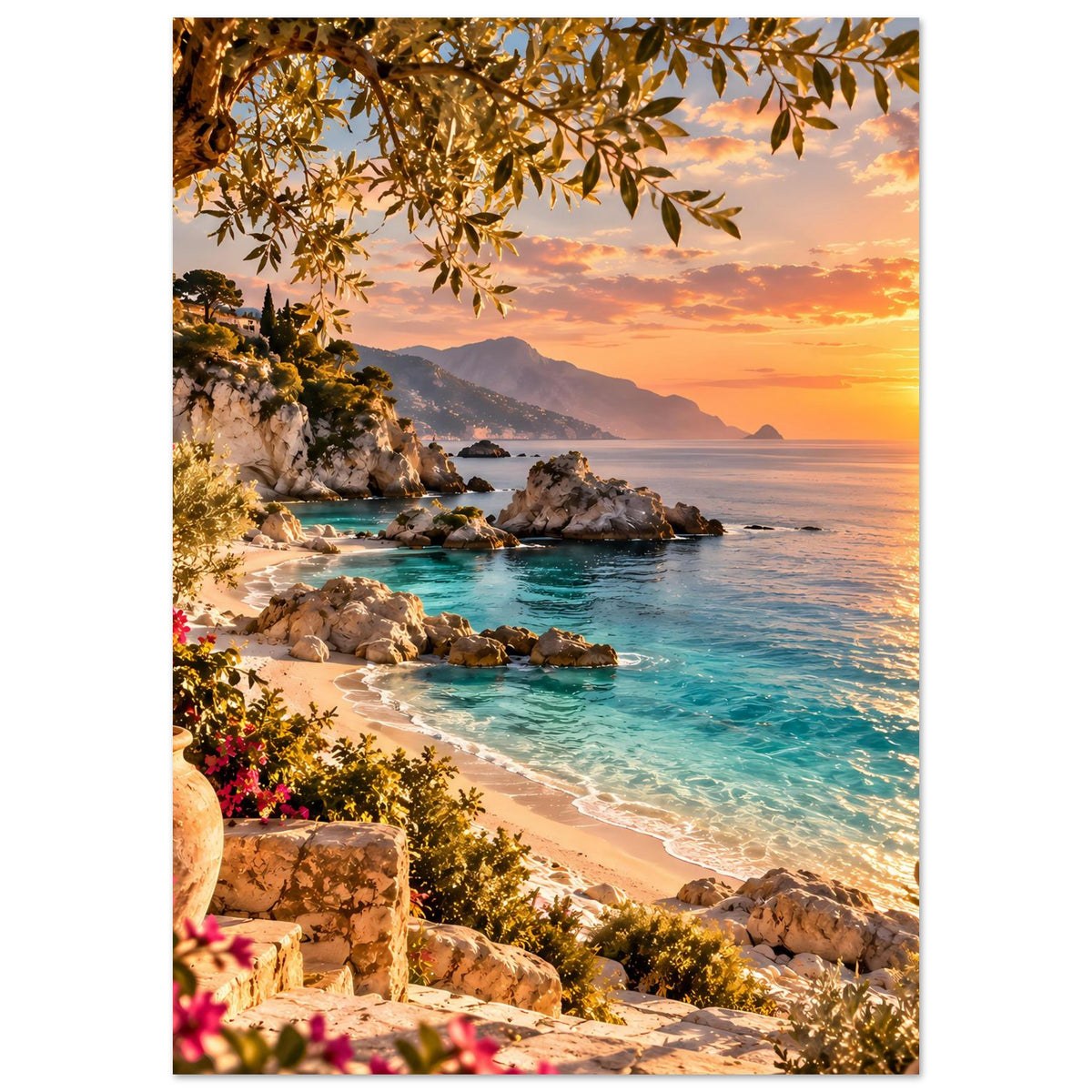 Hochformat-Strandposter mit Sandstrand, türkisfarbenem Wasser, Felsen und orangefarbenem Himmel