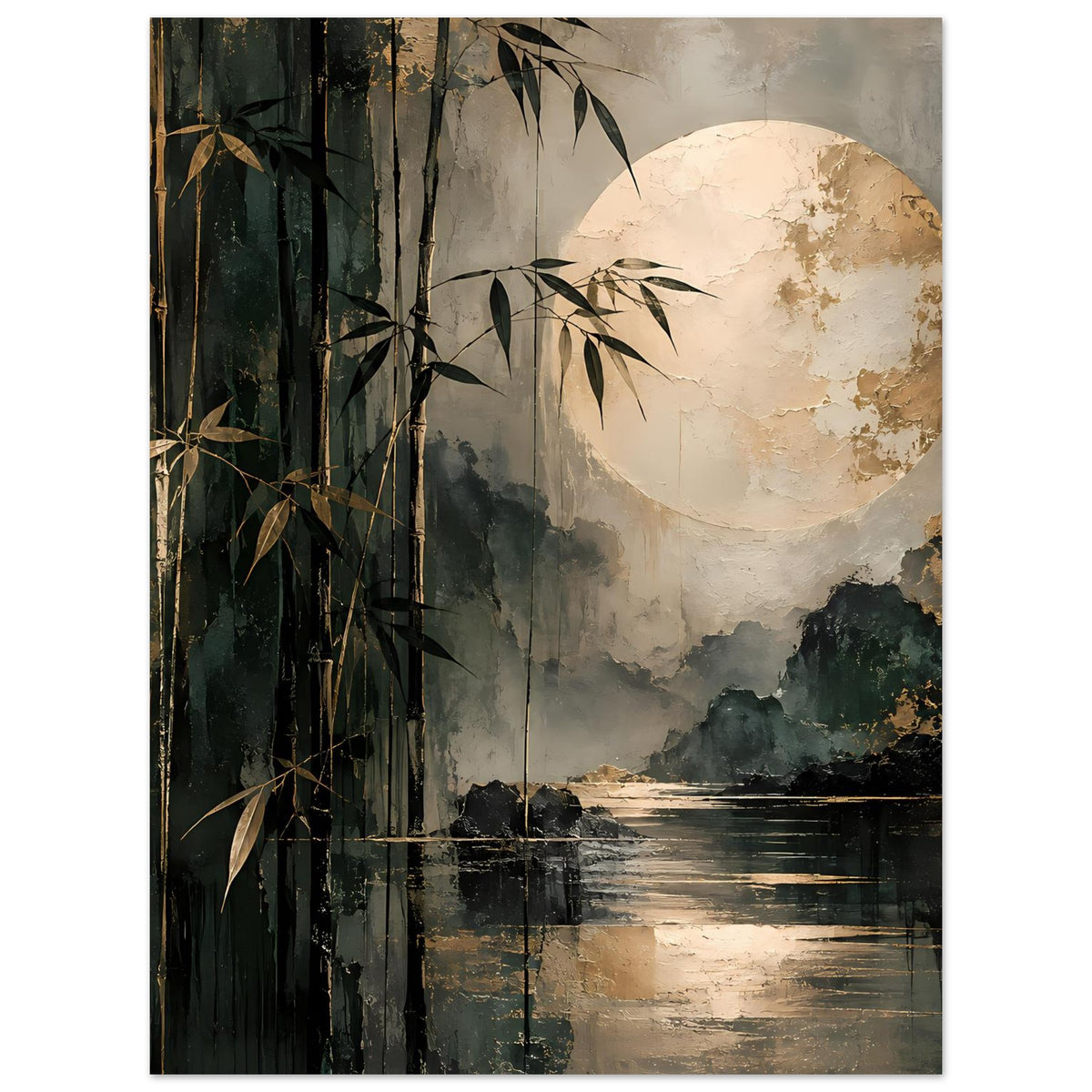 Naturposter im Hochformat mit Bambus links, heller Mondsichel und kontrastreichem Wasserbild unten