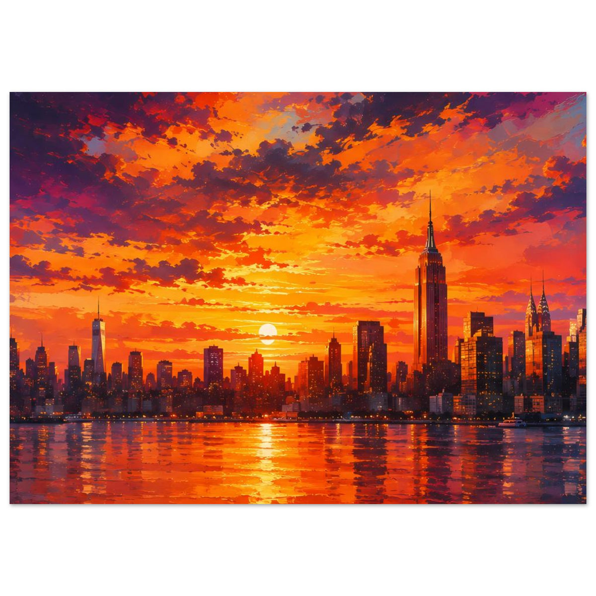 Horizontales Stadtposter: Skyline bei Sonnenuntergang, orange-rote Wolken und Wasserreflexe