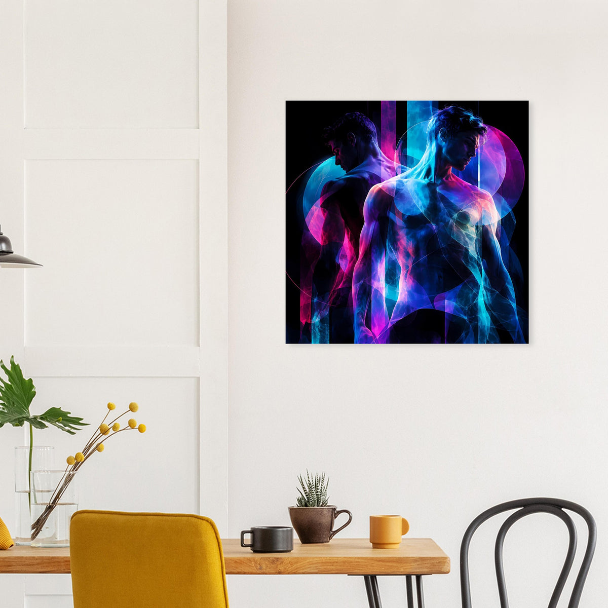 Kunstposter mit farbintensiver Neon-Grafik: zwei Silhouetten in Blau und Pink auf Schwarz