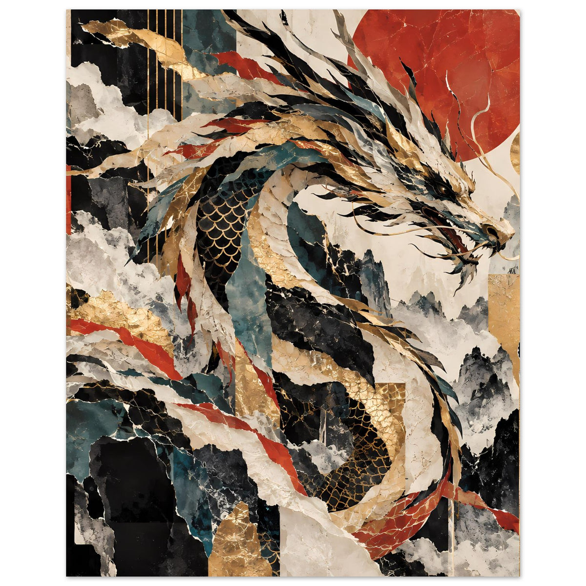 Drachen-Poster im abstrakten Stil, zentriertes Motiv mit Drachenkopf, goldenen Details, gerahmt