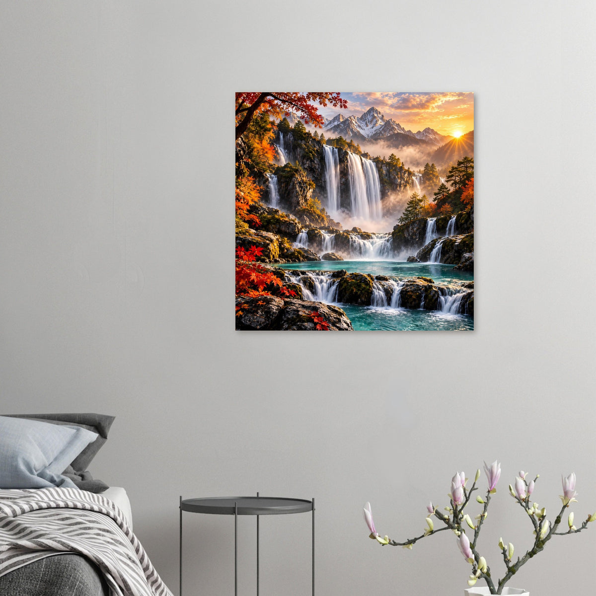 Poster mit Wasserfalllandschaft, Herbstlaub und Sonne, Hochformat (kleines Motiv).