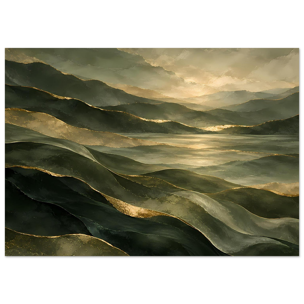 Landschafts-Poster im Querformat: grüne Hügel, goldene Streifen und heller Horizont