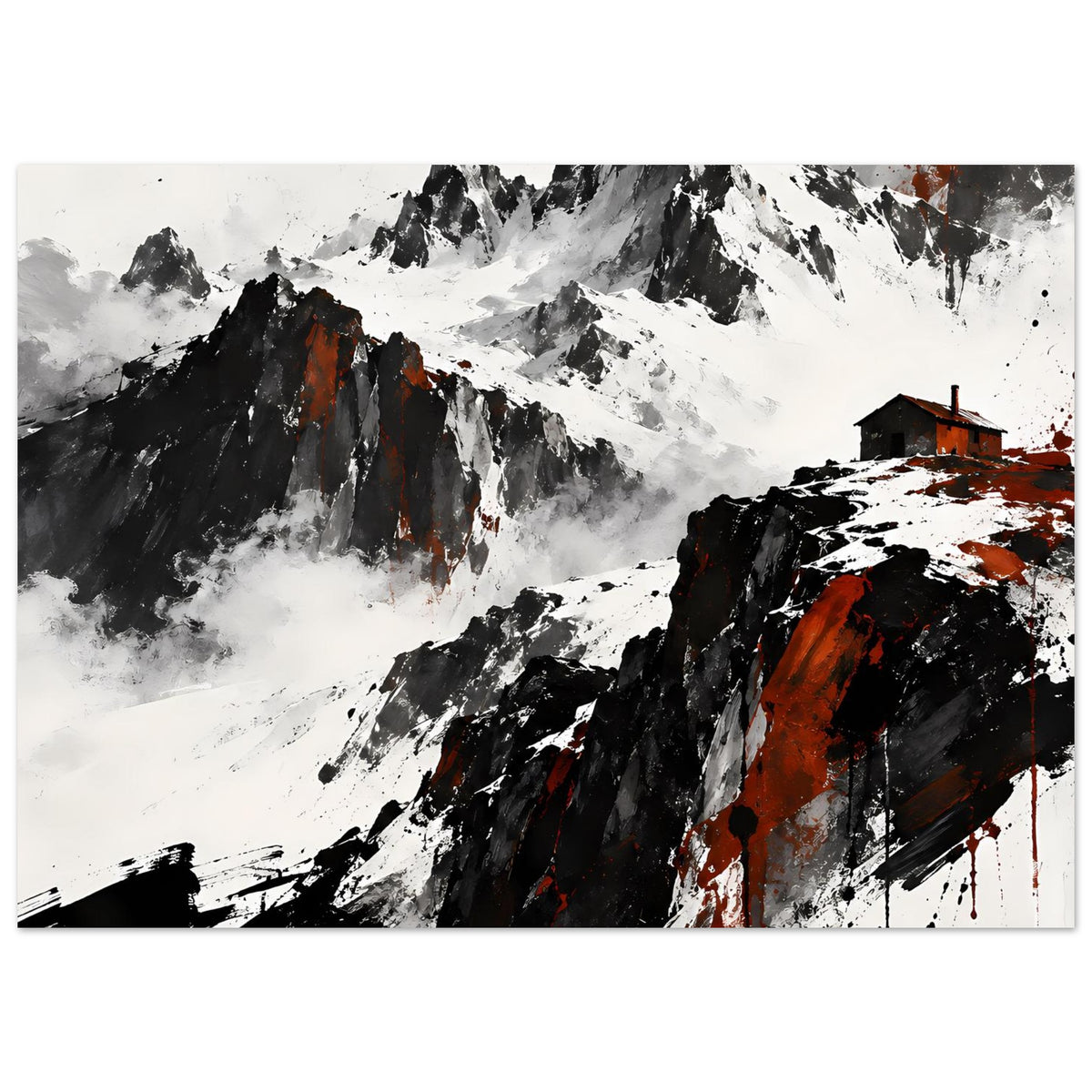 Horizontales Poster mit Bergmassiv, Schneeflächen und spritzenden roten Farbakzenten