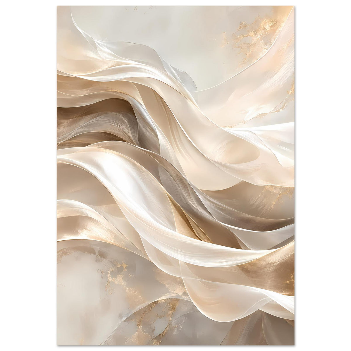 Abstraktes Leinwand-Poster: creme- und goldfarbene Wellen, fließend wirkende Falten, Hochformat