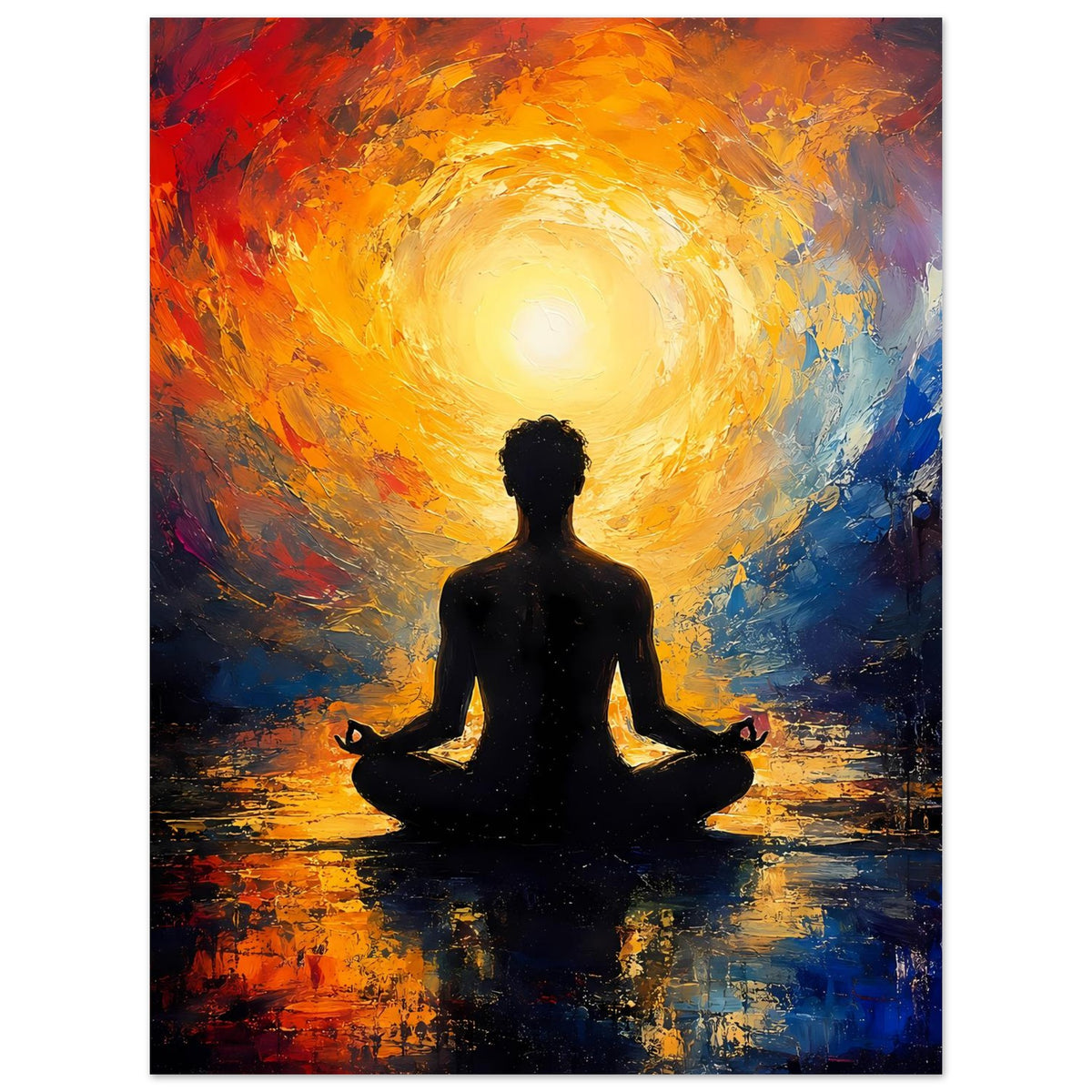 Vertikales Meditations-Poster: leuchtender gelber Aura-Kreis über Silhouette im Schneidersitz